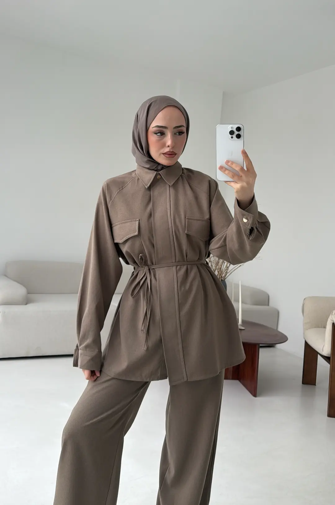 Bağcıklı Bluz Pantolon Takım Vizon