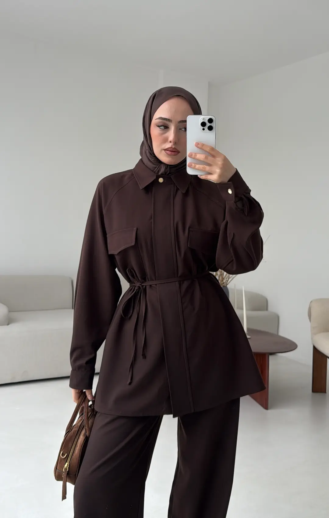 Bağcıklı Bluz Pantolon Takım Kahve