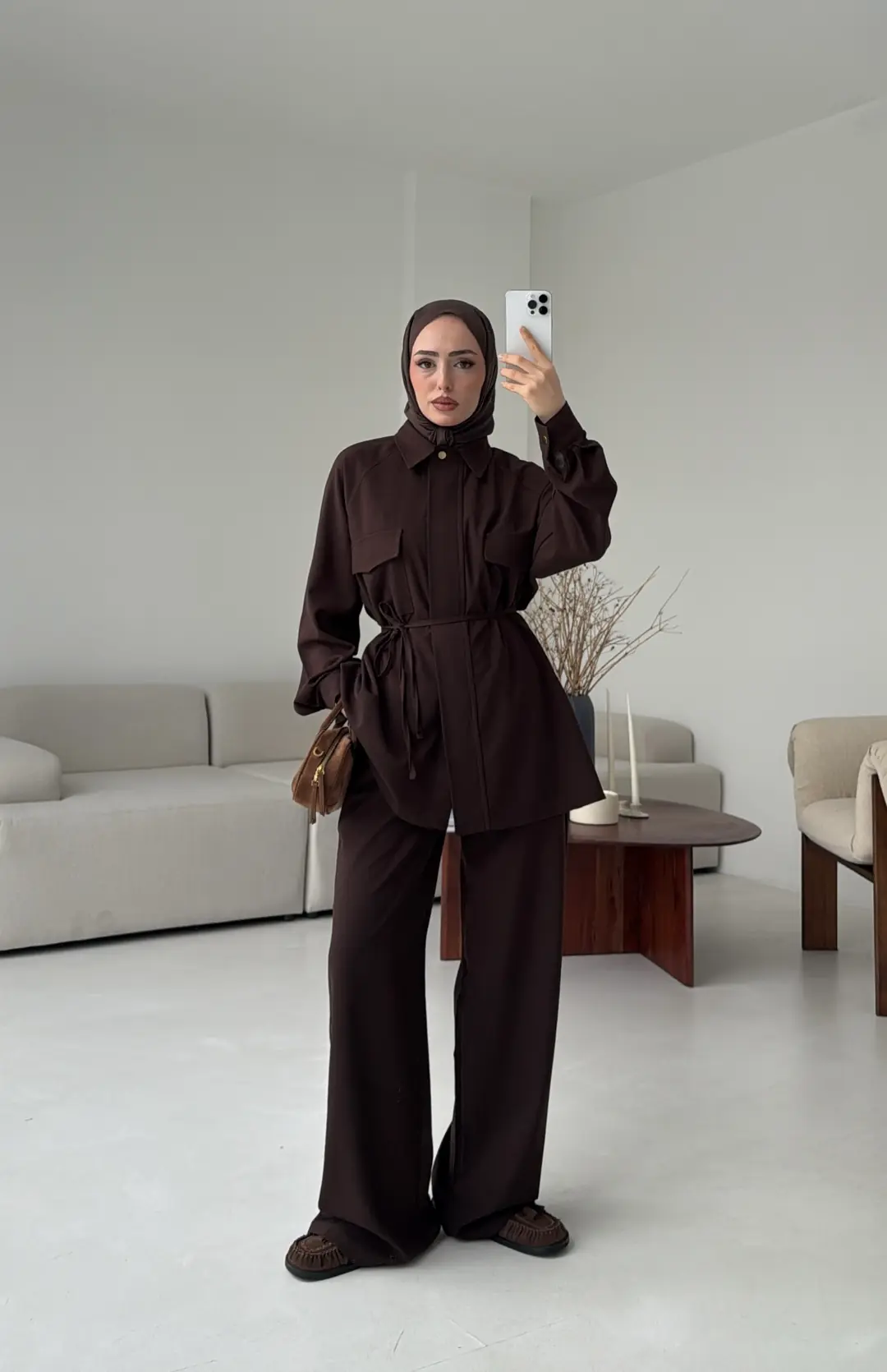 Bağcıklı Bluz Pantolon Takım Kahve