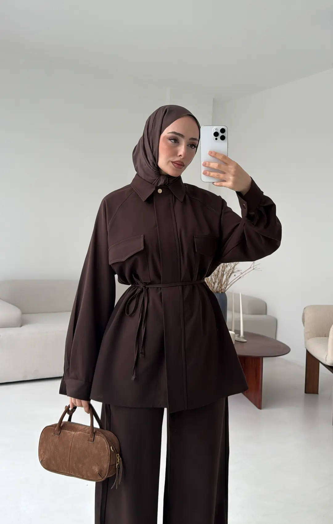 Bağcıklı Bluz Pantolon Takım Kahve