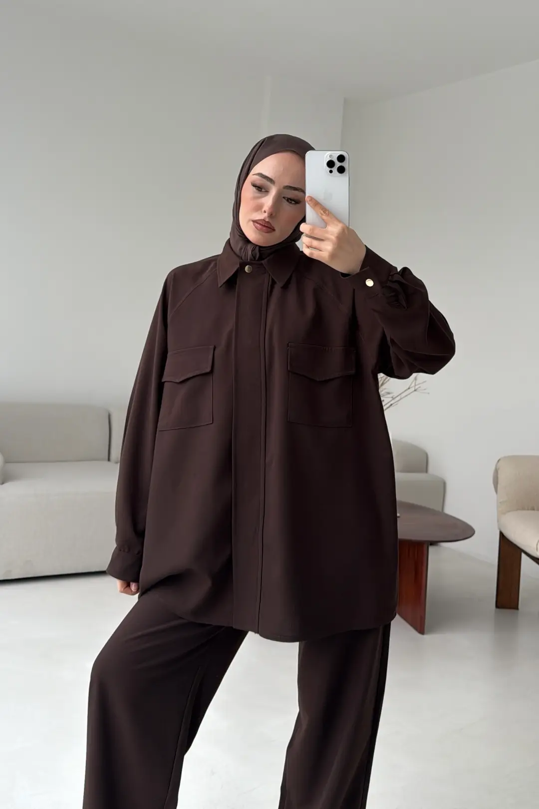 Bağcıklı Bluz Pantolon Takım Kahve