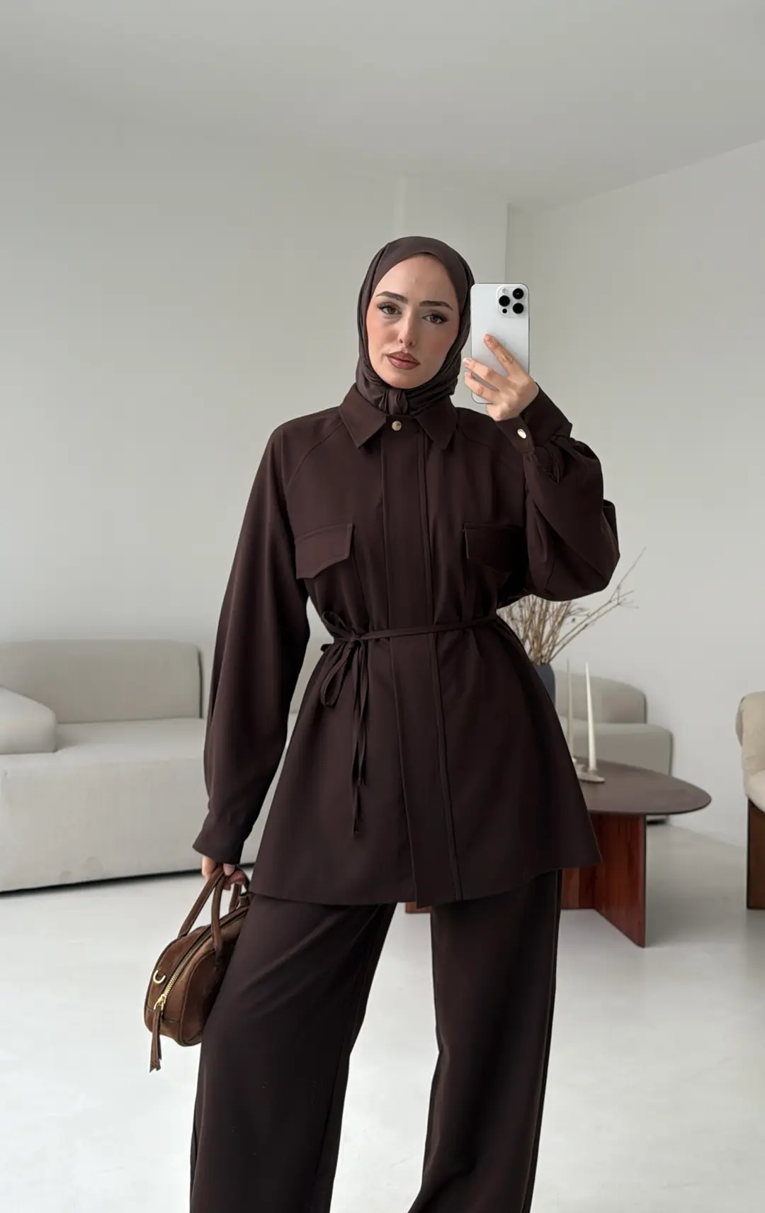 Bağcıklı Bluz Pantolon Takım Kahve