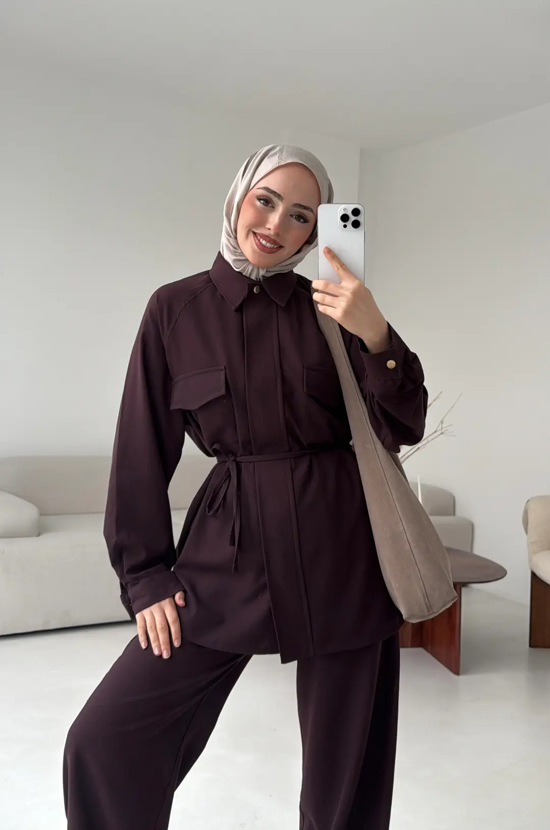 Bağcıklı Bluz Pantolon Takım Mürdüm