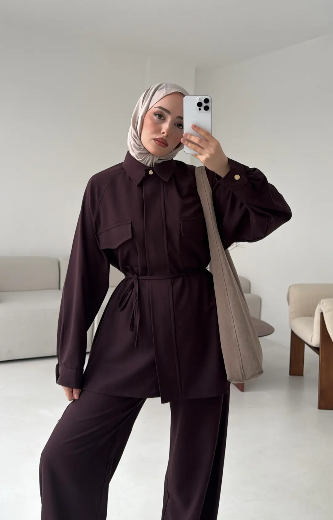 Bağcıklı Bluz Pantolon Takım Mürdüm