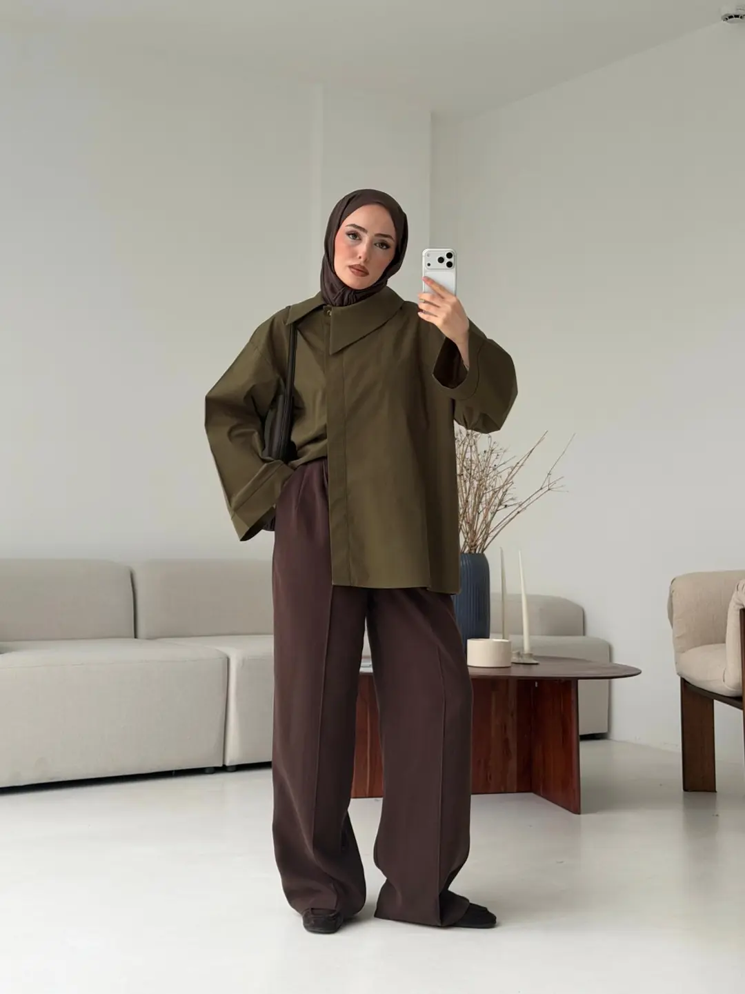 Asimetrik Yaka Oversize Gömlek Haki