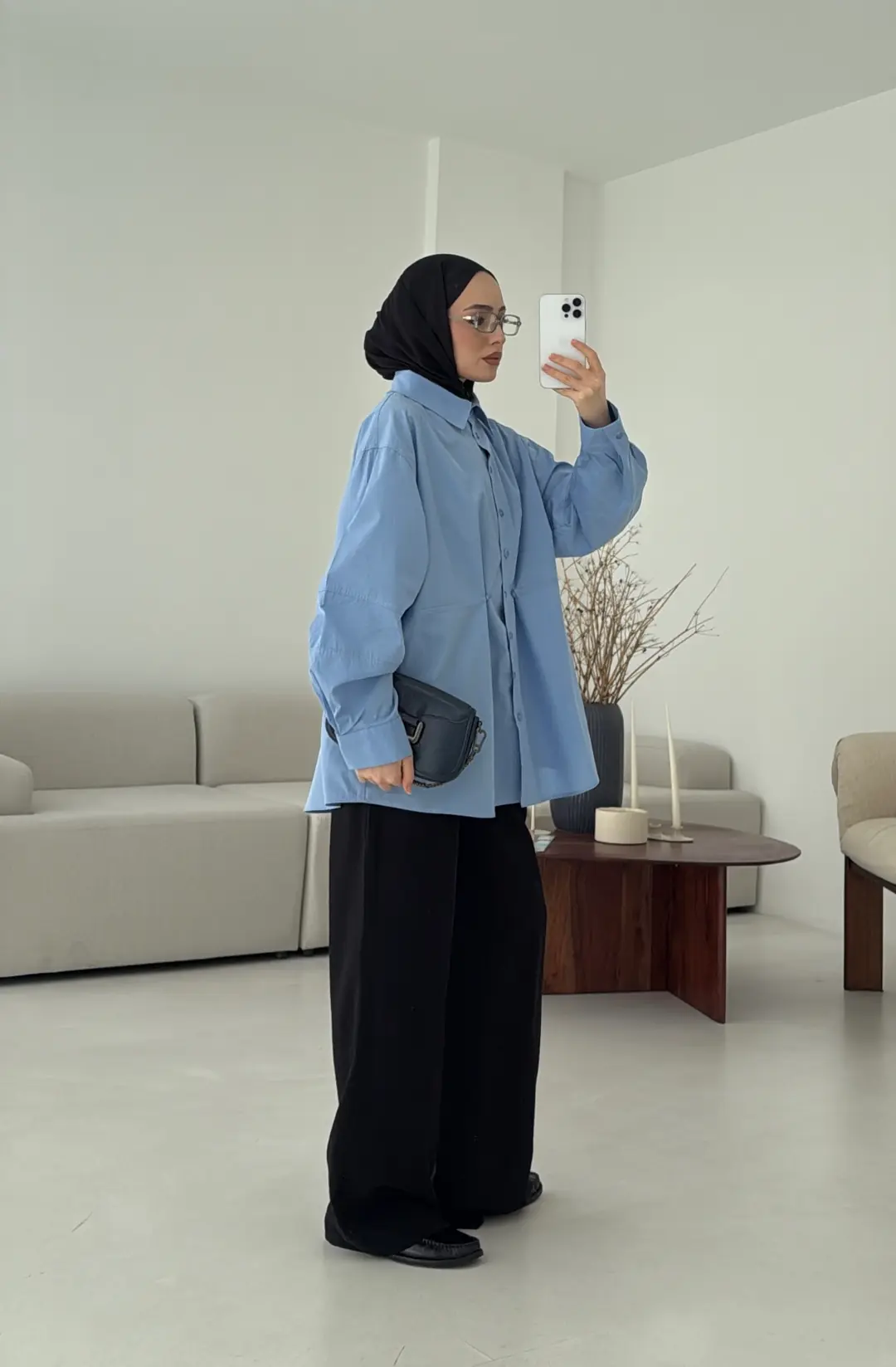 Poplin Düğme Detay Gömlek Mavi