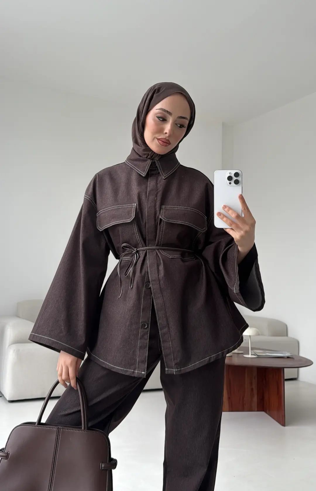 Denim Kontrast Dikişli Takım Kahve