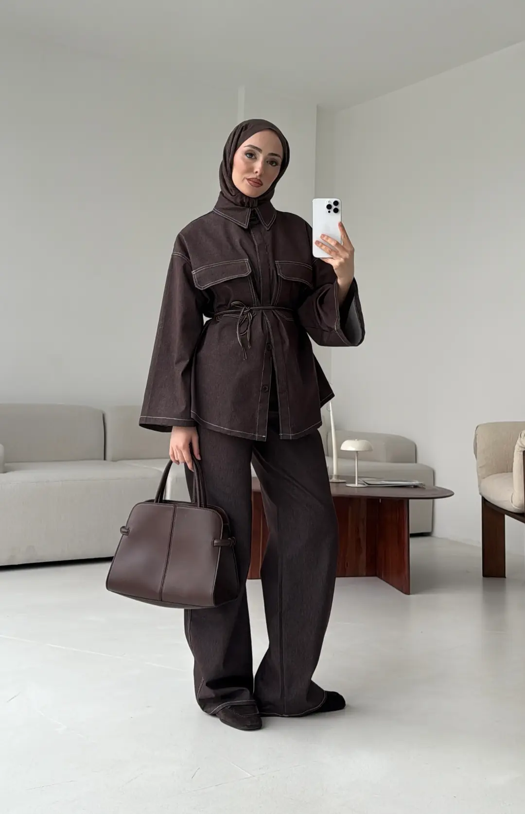 Denim Kontrast Dikişli Takım Kahve