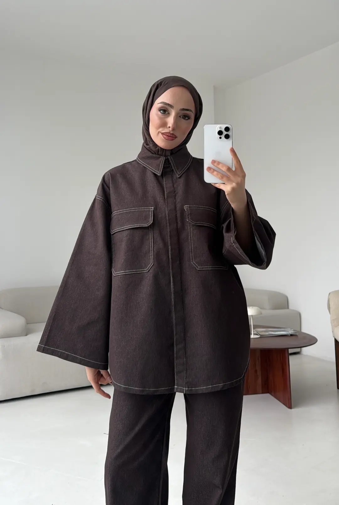 Denim Kontrast Dikişli Takım Kahve