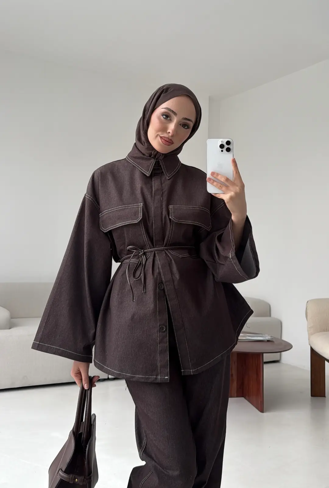 Denim Kontrast Dikişli Takım Kahve
