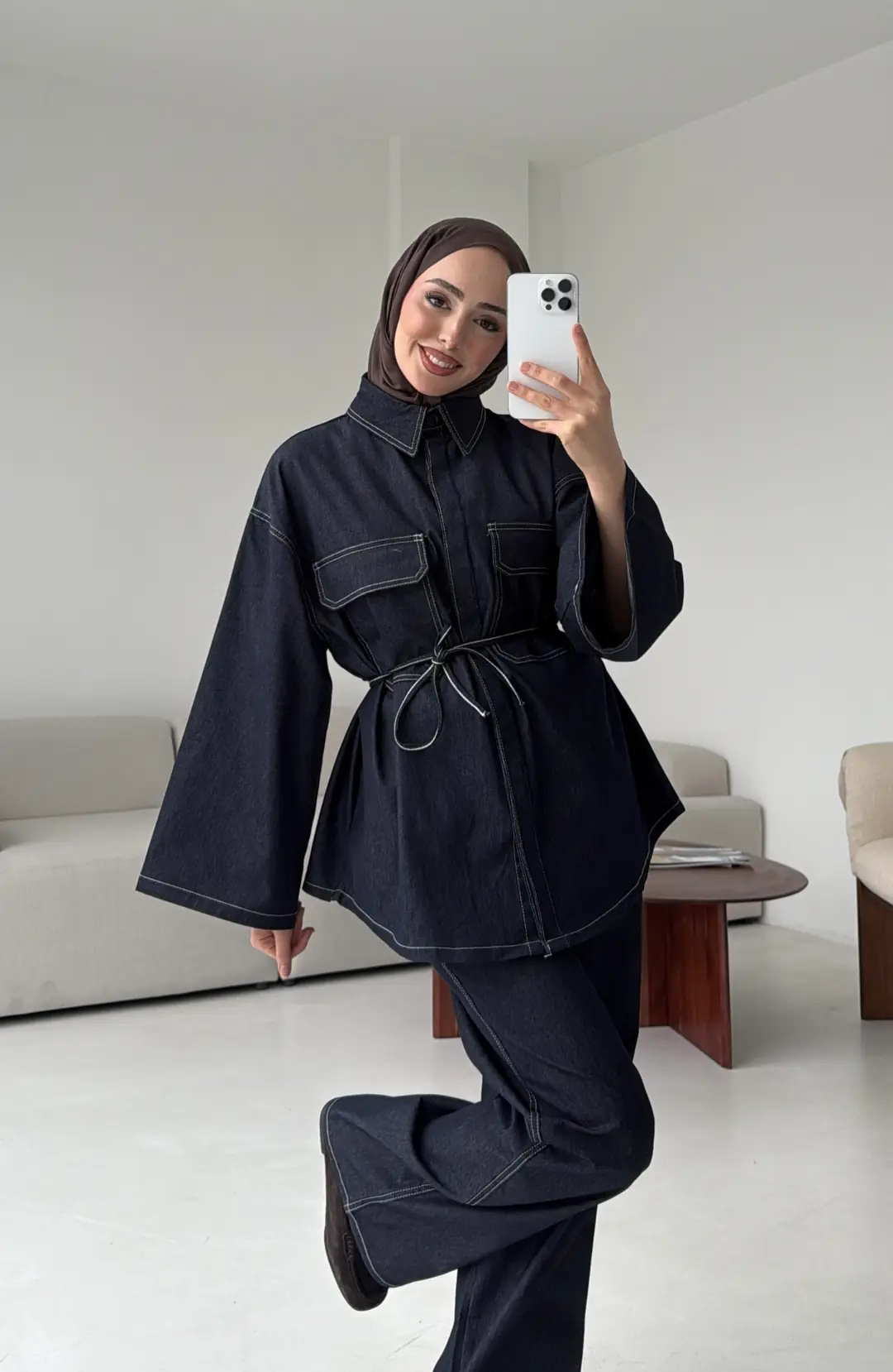 Denim Kontrast Dikişli Takım Lacivert