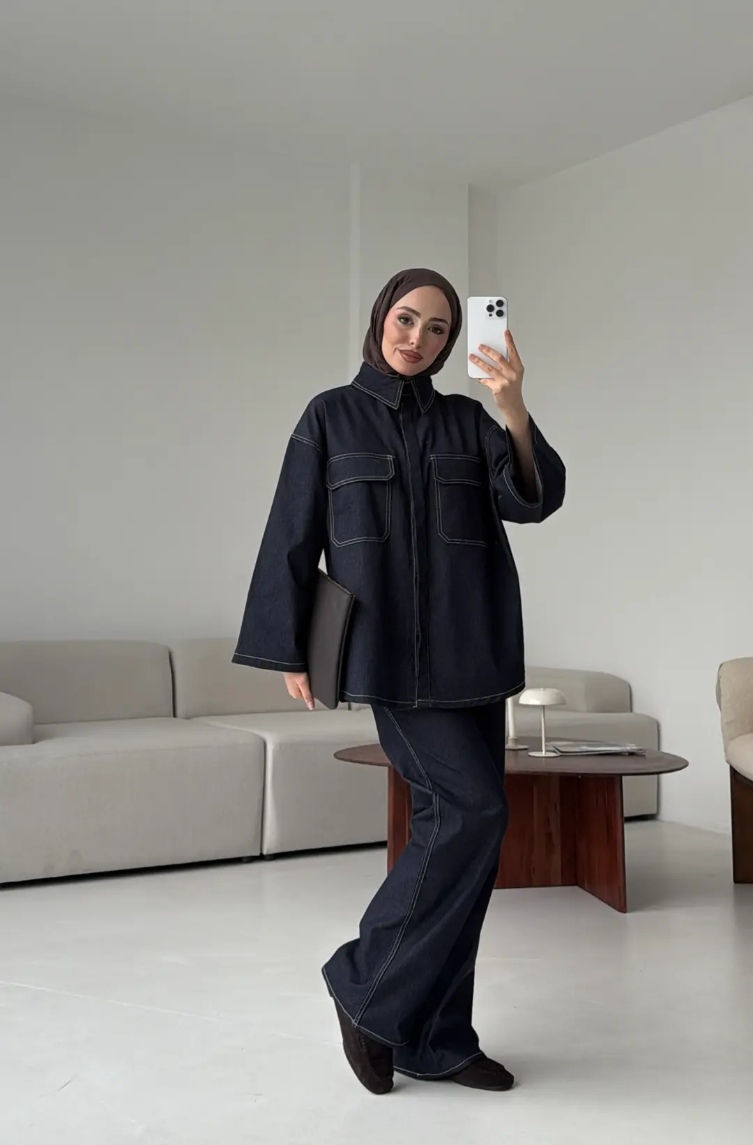 Denim Kontrast Dikişli Takım Lacivert