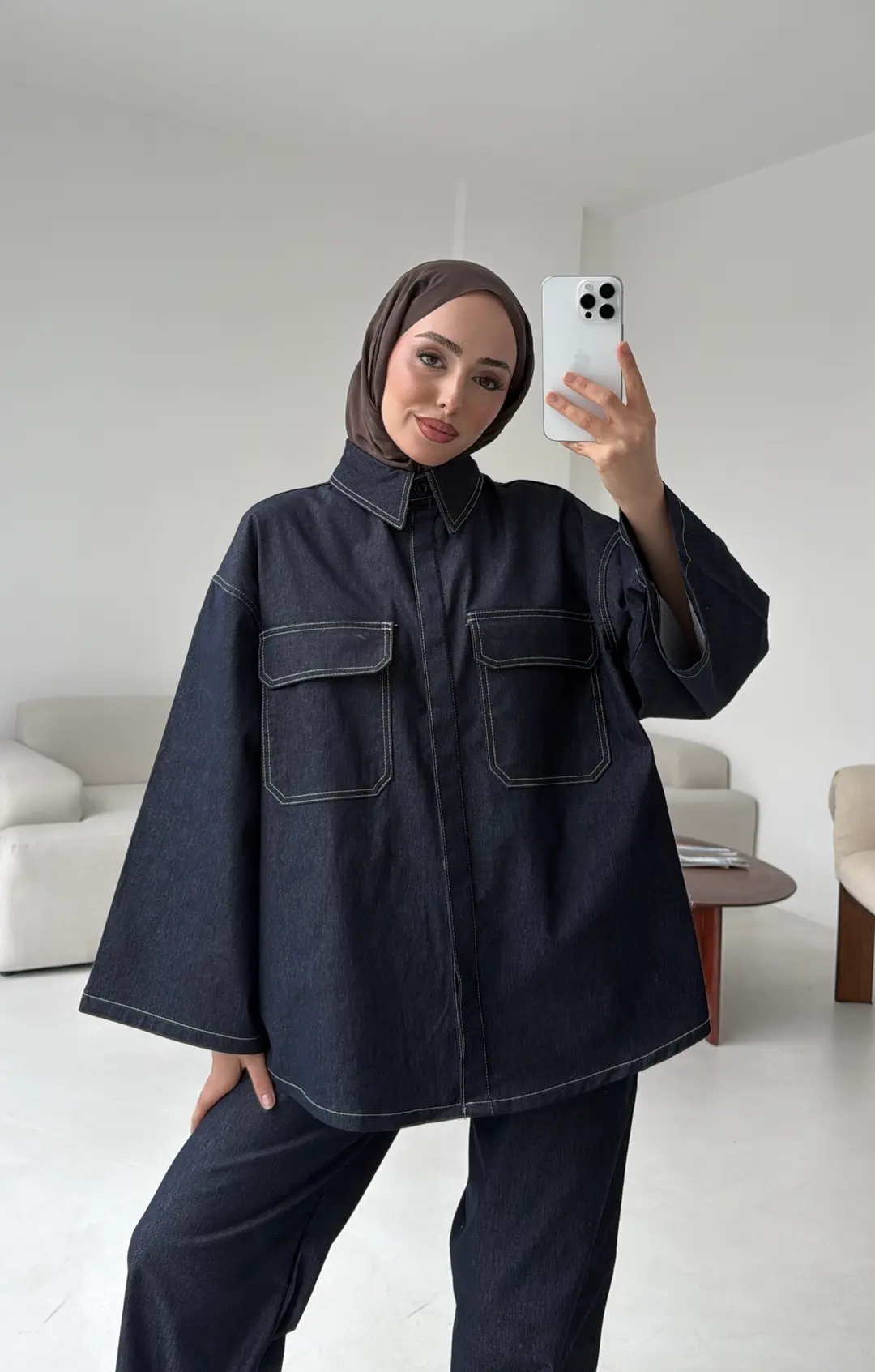 Denim Kontrast Dikişli Takım Lacivert
