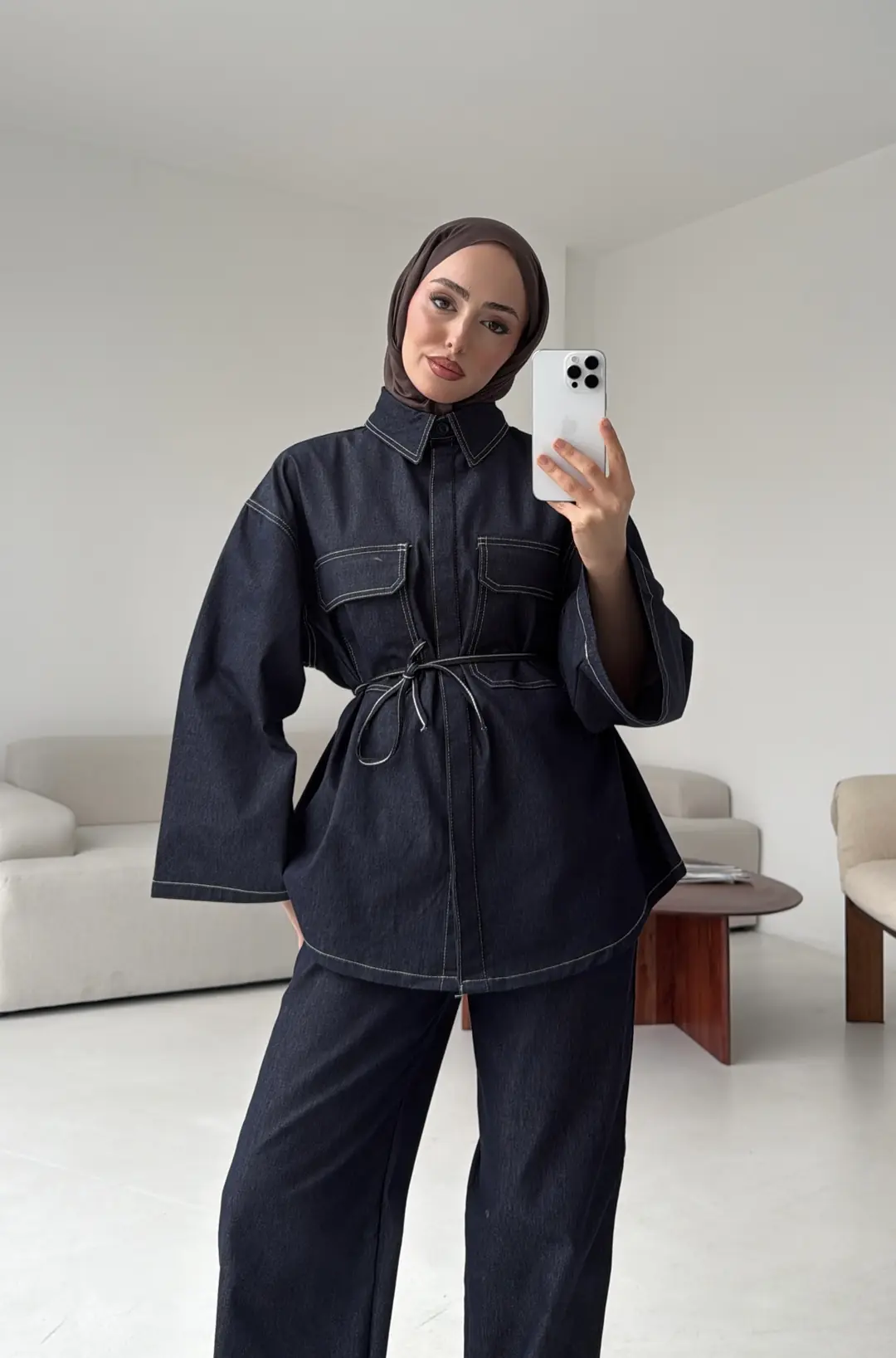 Denim Kontrast Dikişli Takım Lacivert