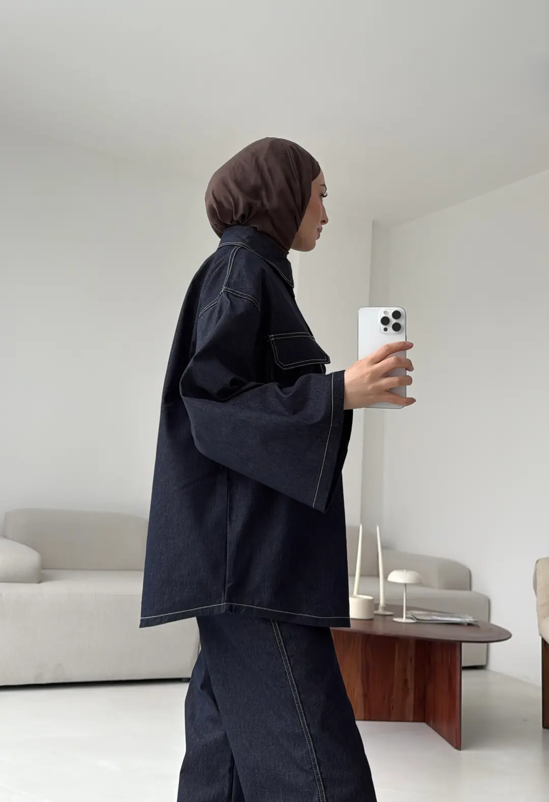 Denim Kontrast Dikişli Takım Lacivert
