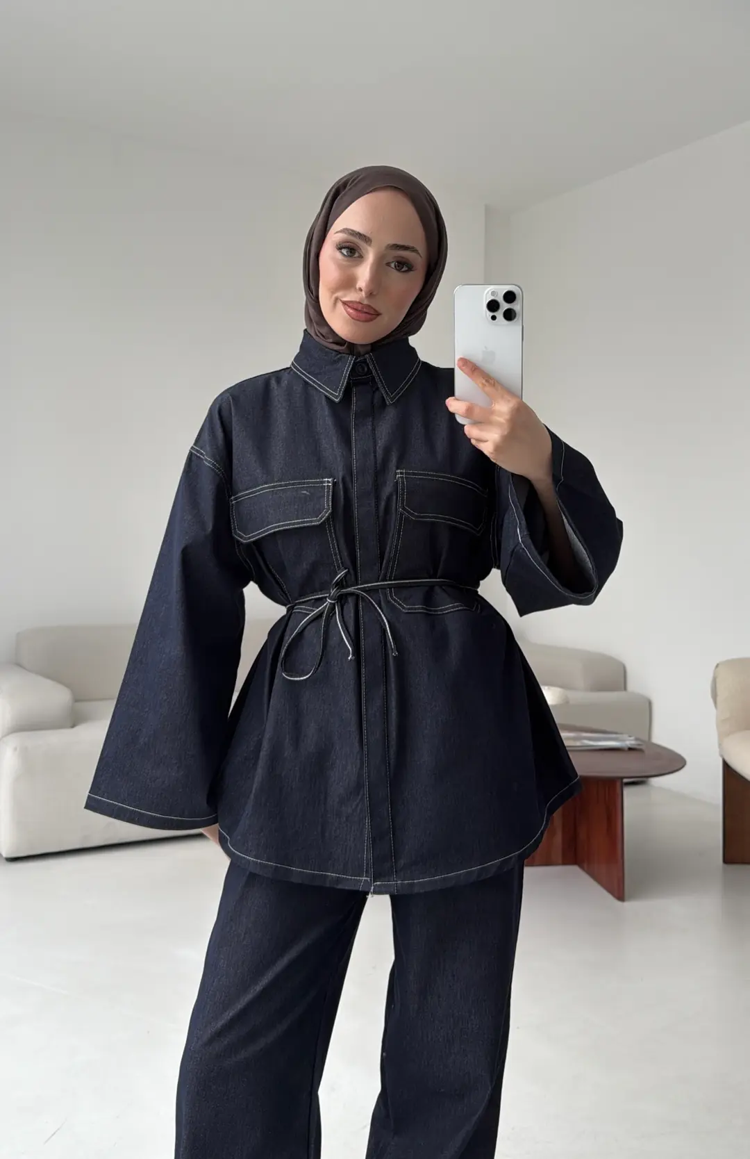 Denim Kontrast Dikişli Takım Lacivert