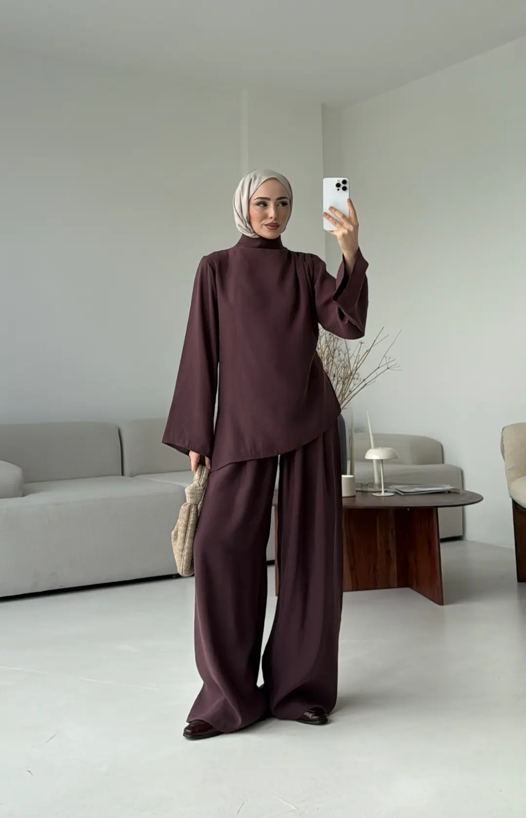 Drape Yaka Asimetrik Kesim Takım Mürdüm