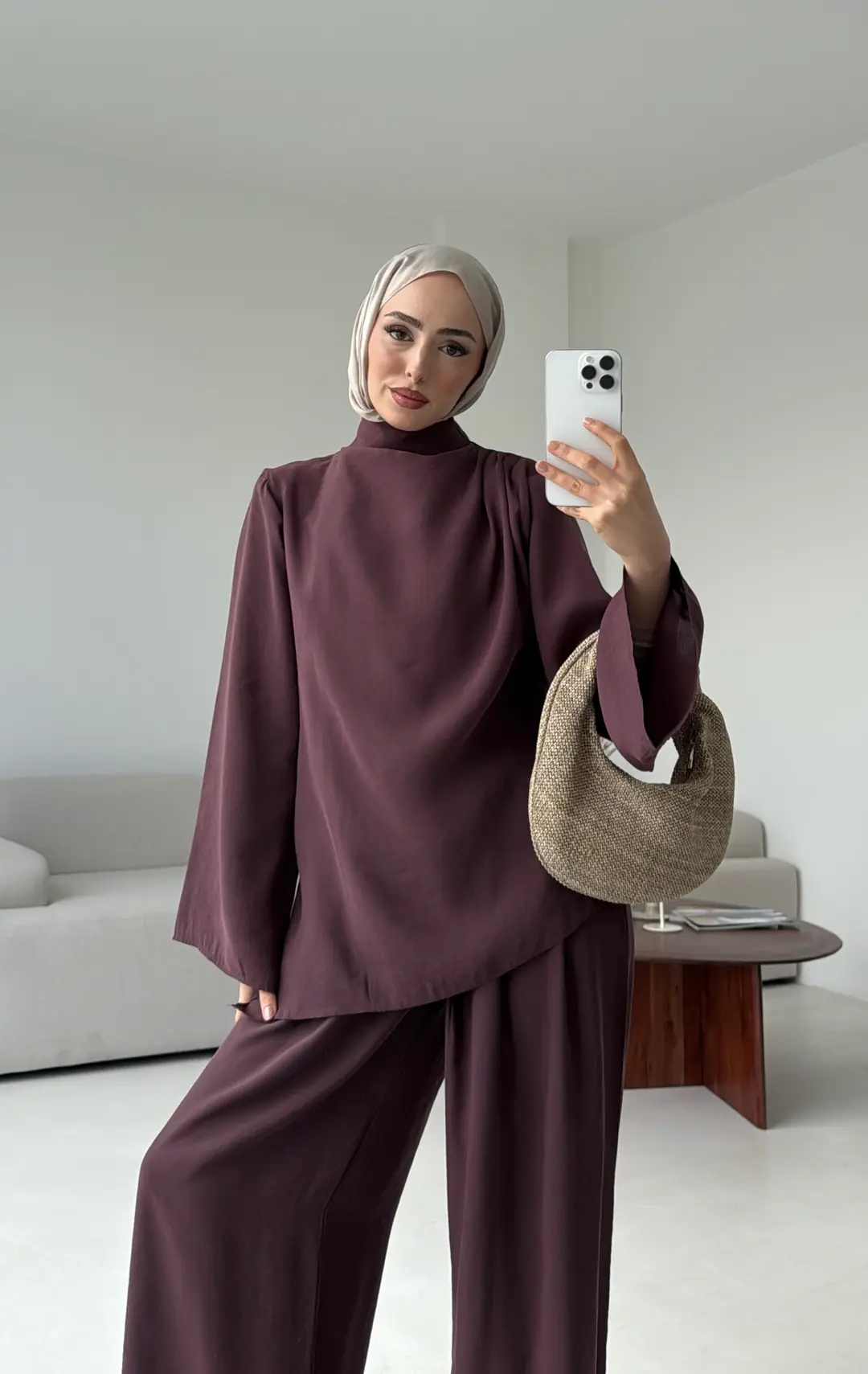 Drape Yaka Asimetrik Kesim Takım Mürdüm