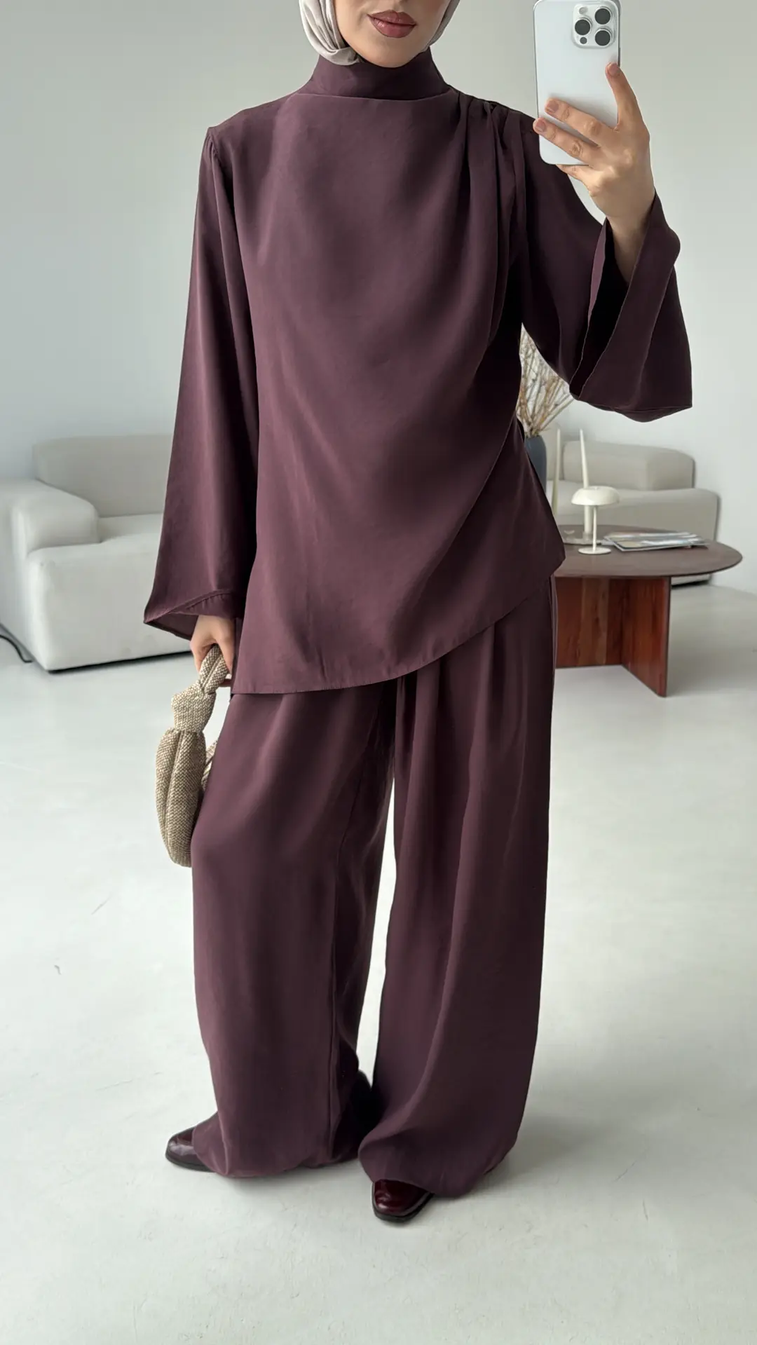 Drape Yaka Asimetrik Kesim Takım Mürdüm