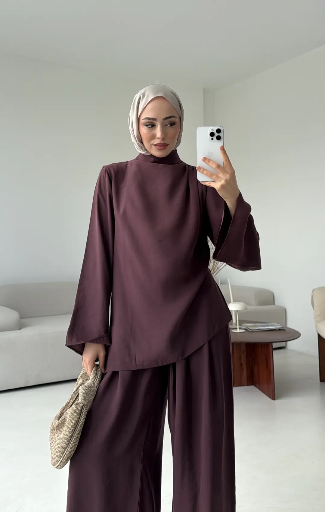 Drape Yaka Asimetrik Kesim Takım Mürdüm