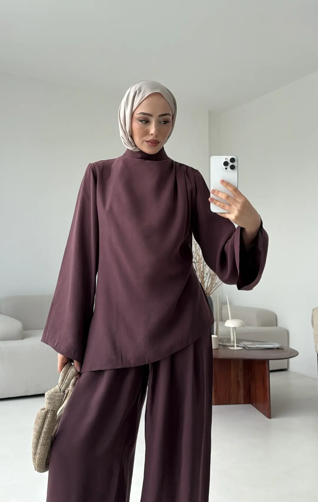 Drape Yaka Asimetrik Kesim Takım Mürdüm