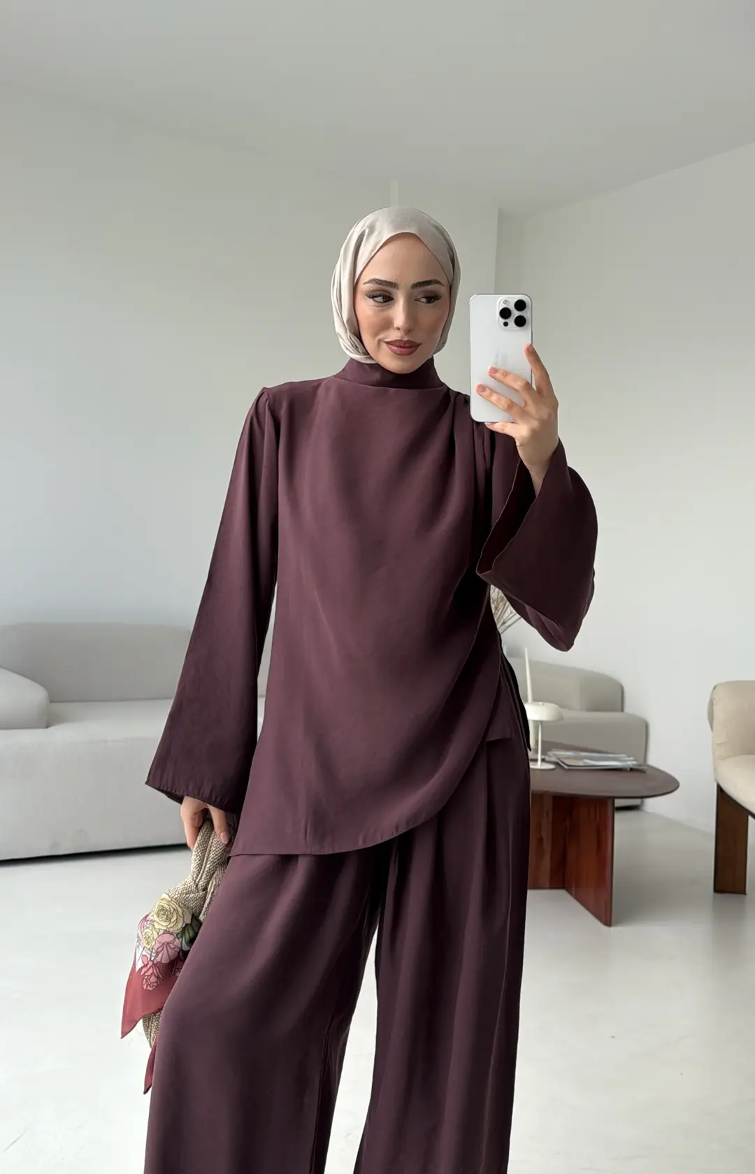 Drape Yaka Asimetrik Kesim Takım Mürdüm