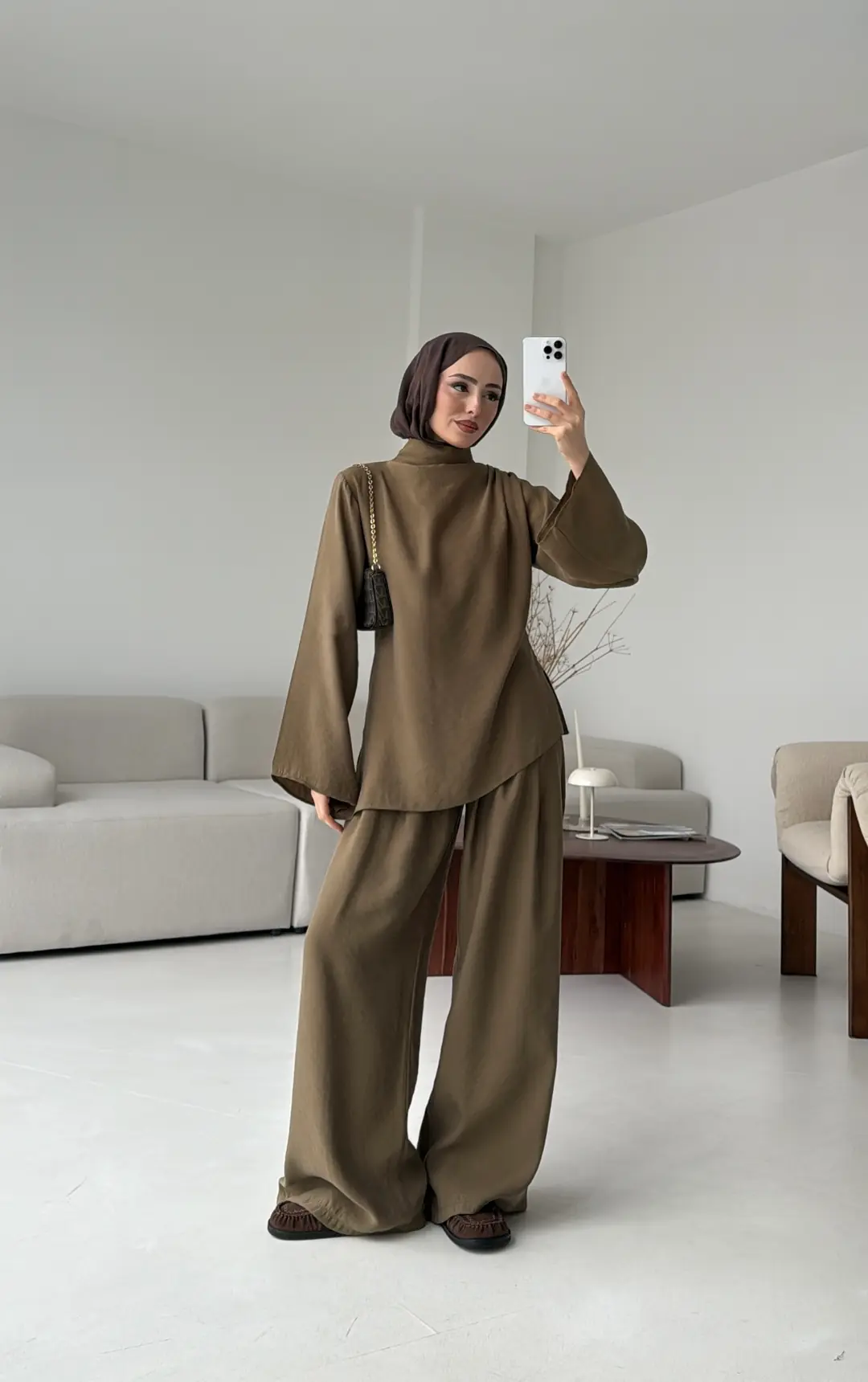 Drape Yaka Asimetrik Kesim Takım Olive