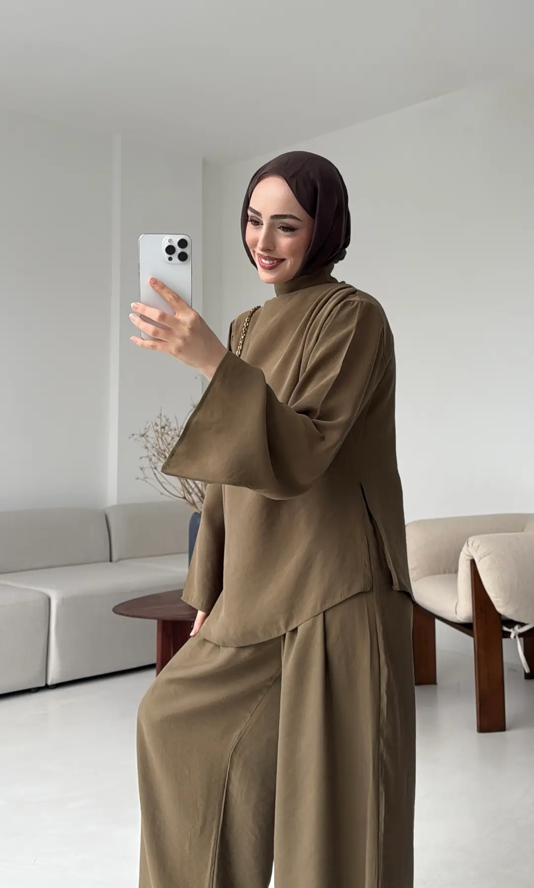 Drape Yaka Asimetrik Kesim Takım Olive