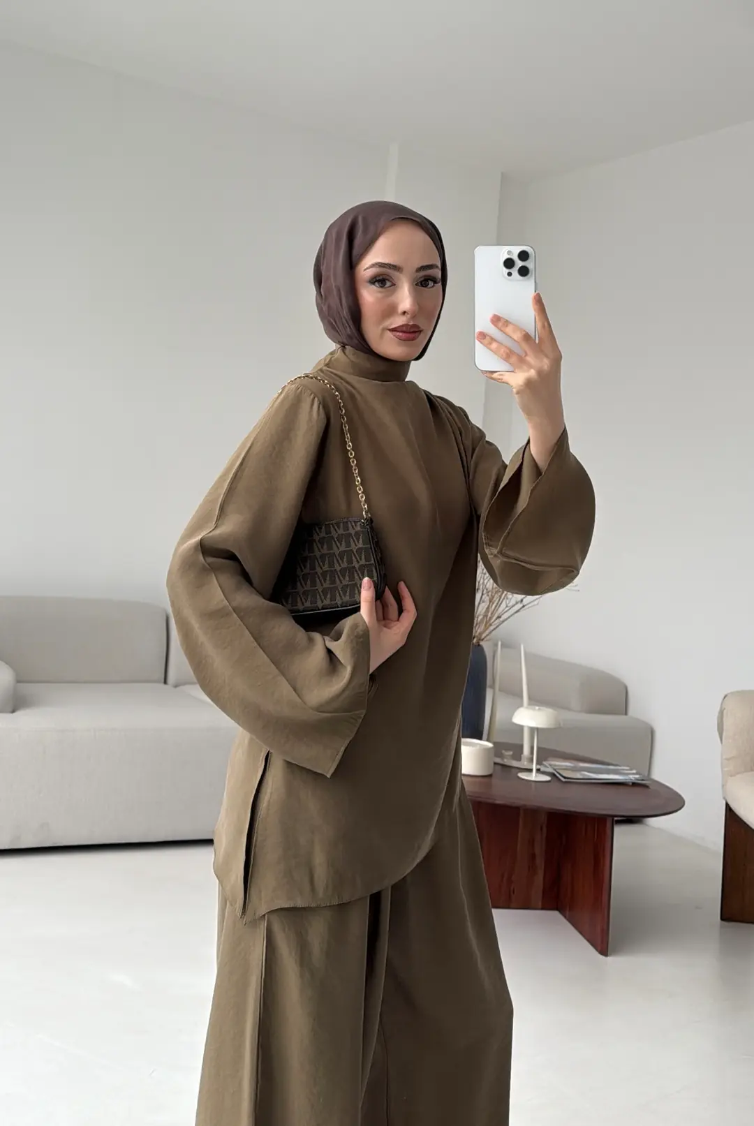 Drape Yaka Asimetrik Kesim Takım Olive
