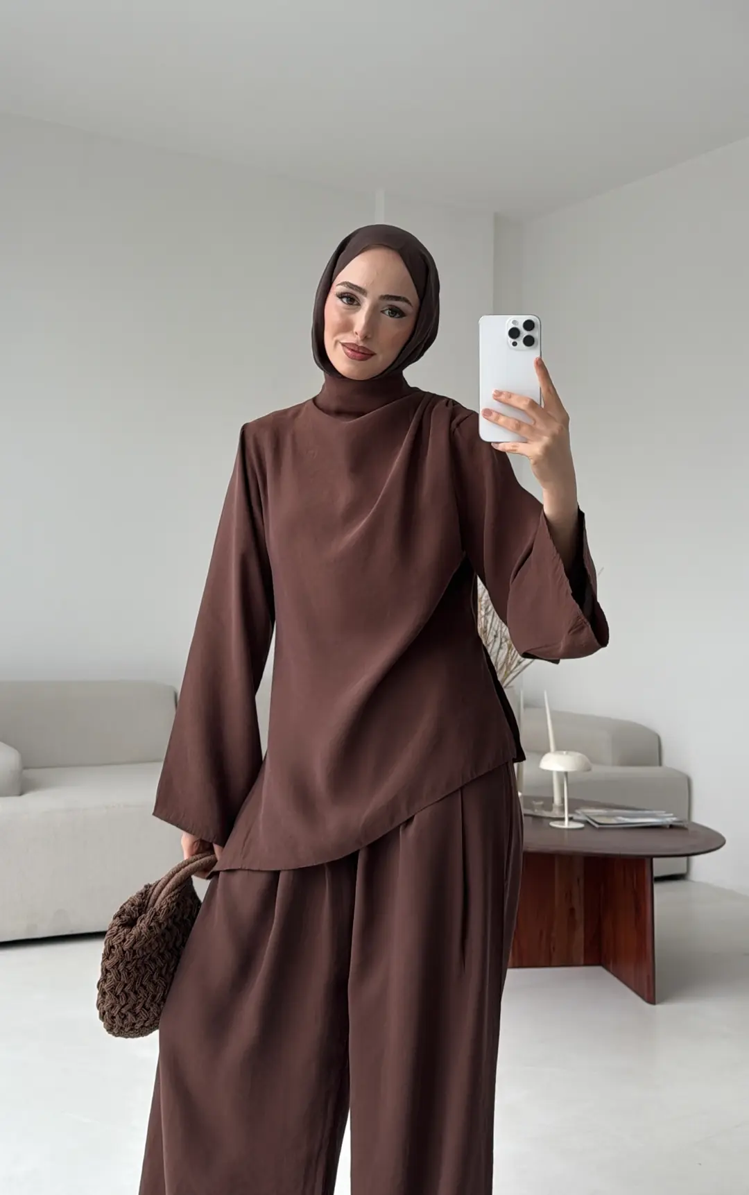 Drape Yaka Asimetrik Kesim Takım Kahve