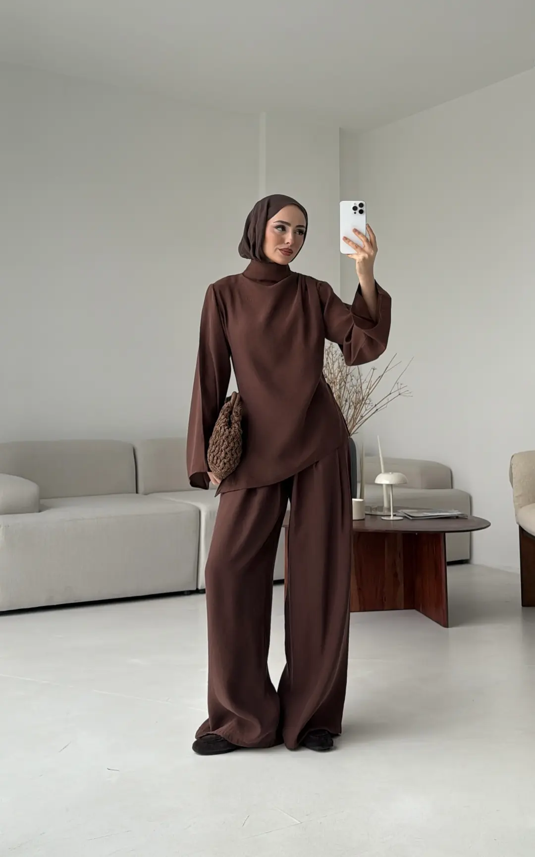 Drape Yaka Asimetrik Kesim Takım Kahve