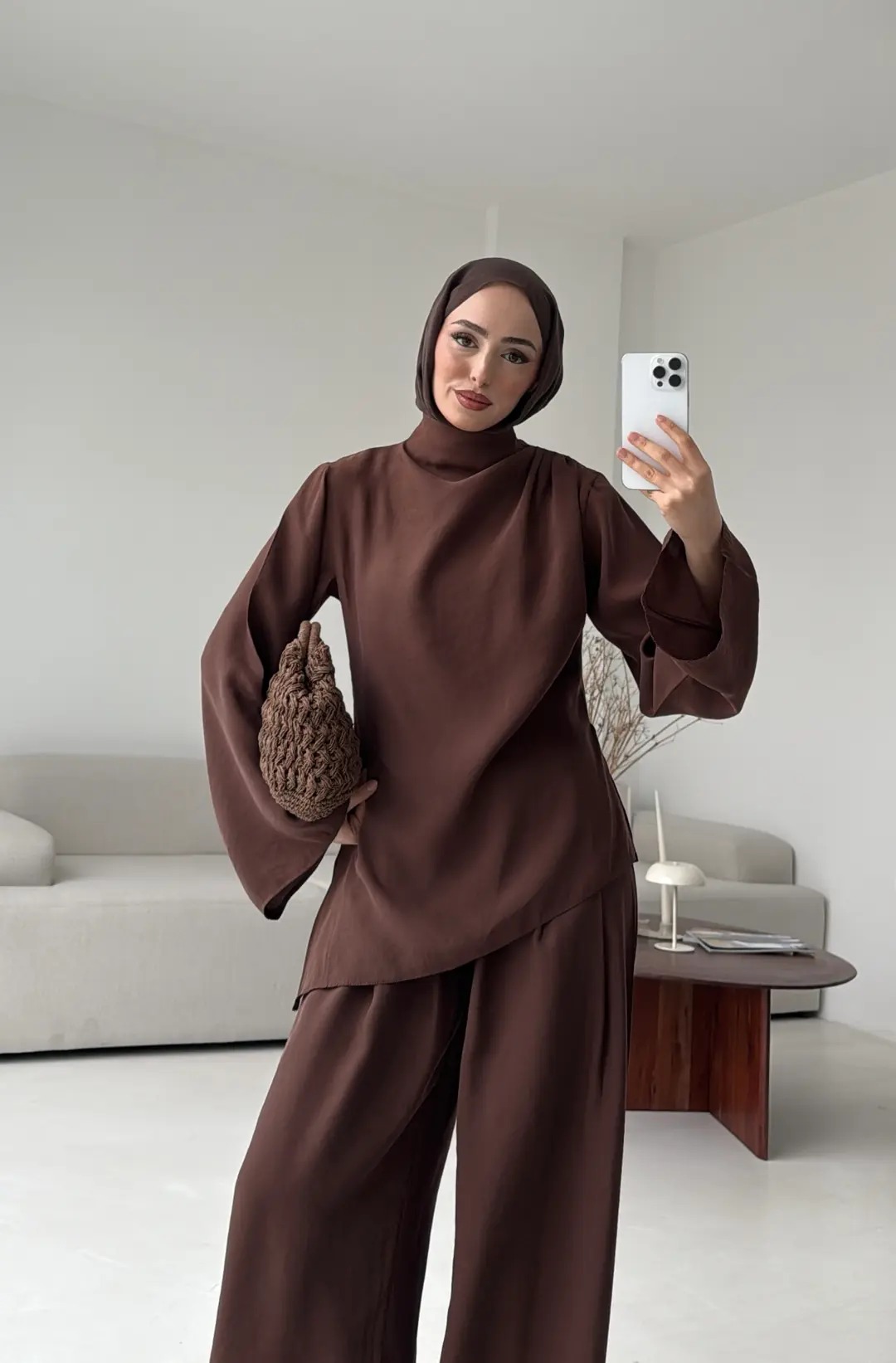 Drape Yaka Asimetrik Kesim Takım Kahve
