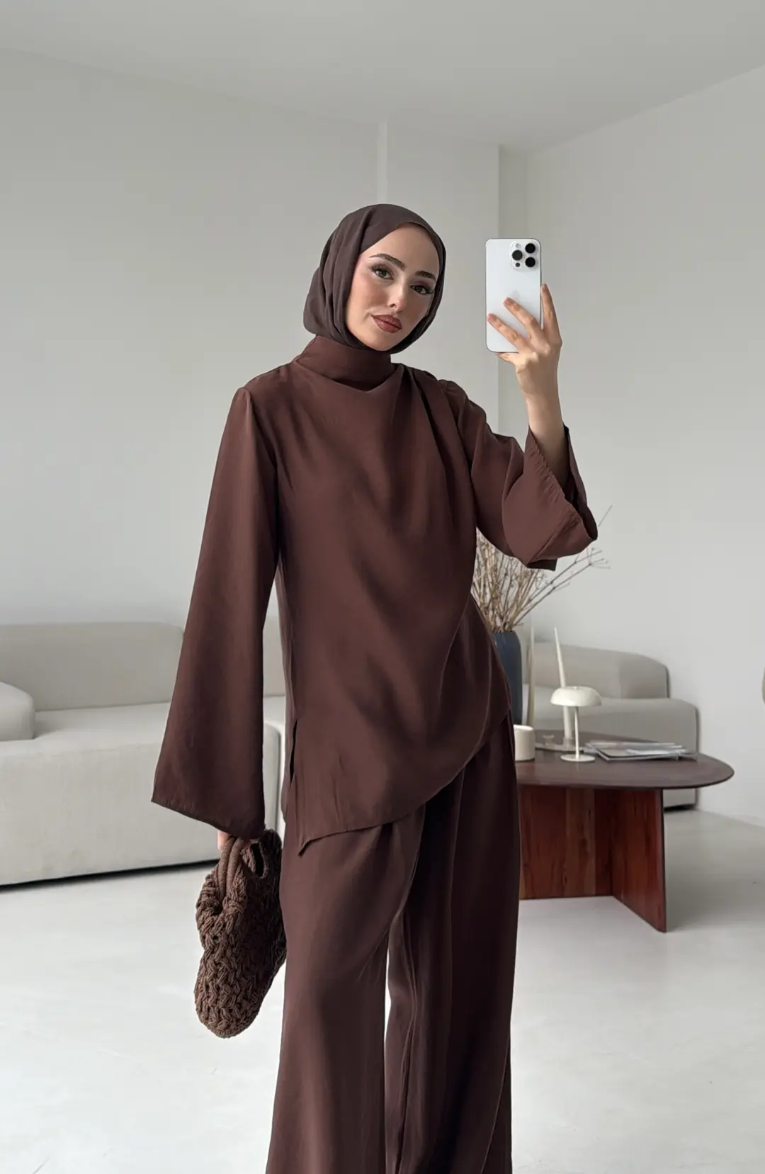 Drape Yaka Asimetrik Kesim Takım Kahve