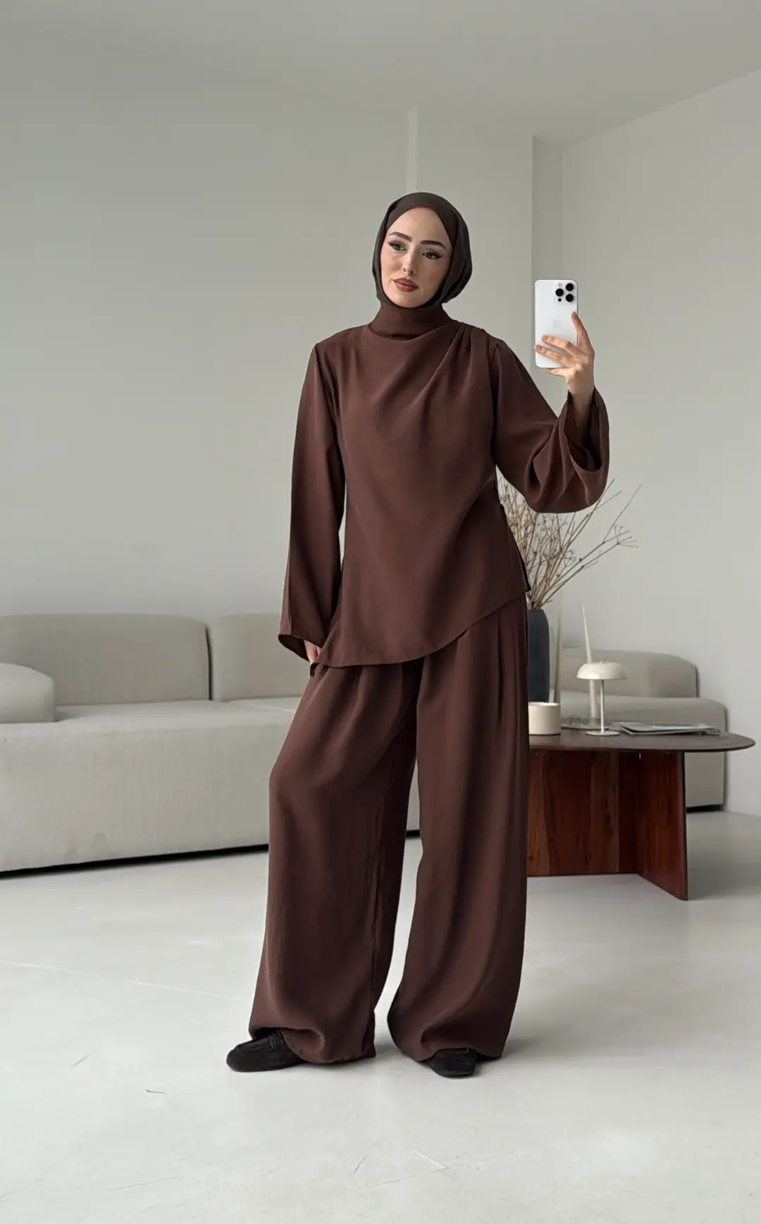 Drape Yaka Asimetrik Kesim Takım Kahve