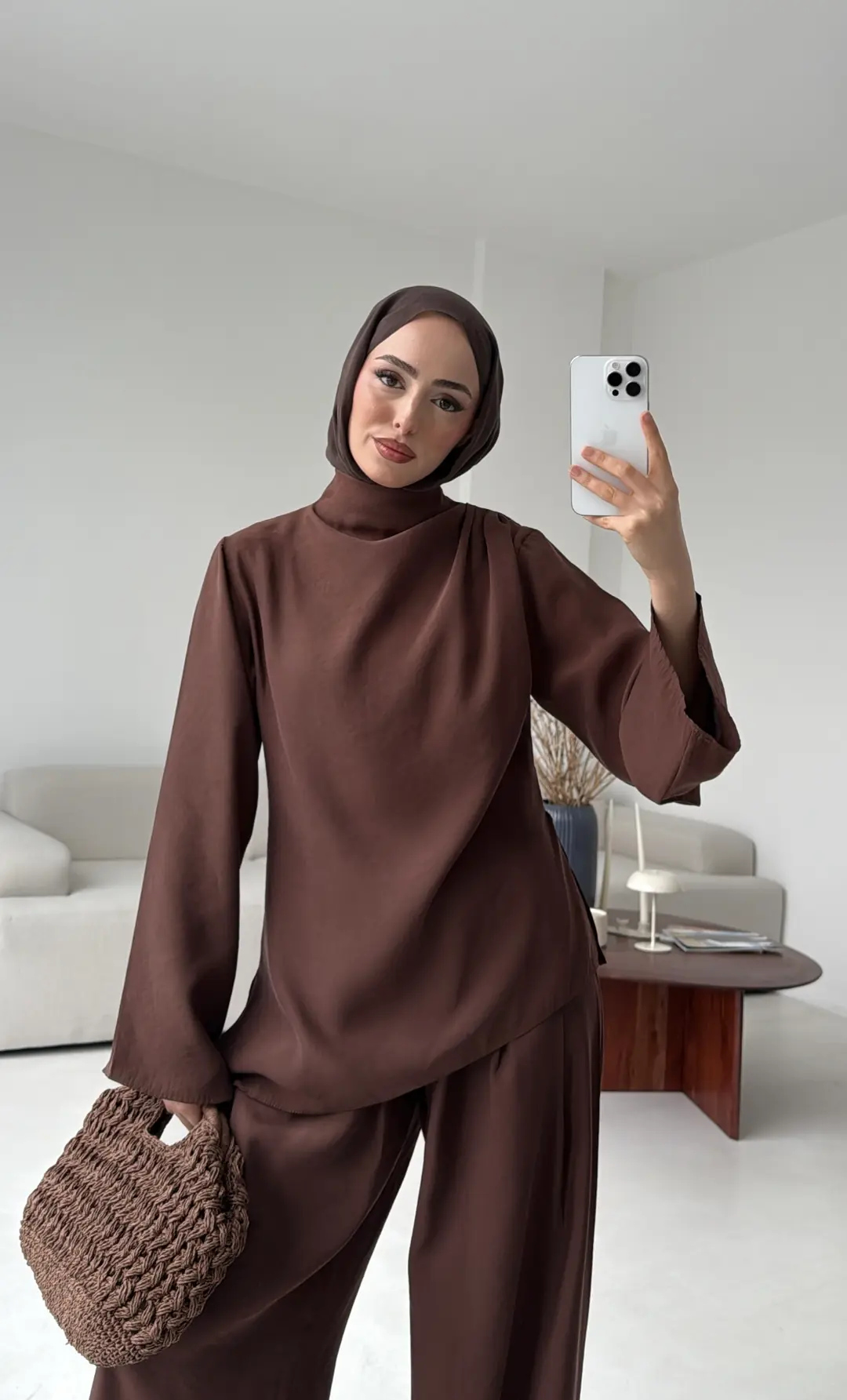 Drape Yaka Asimetrik Kesim Takım Kahve