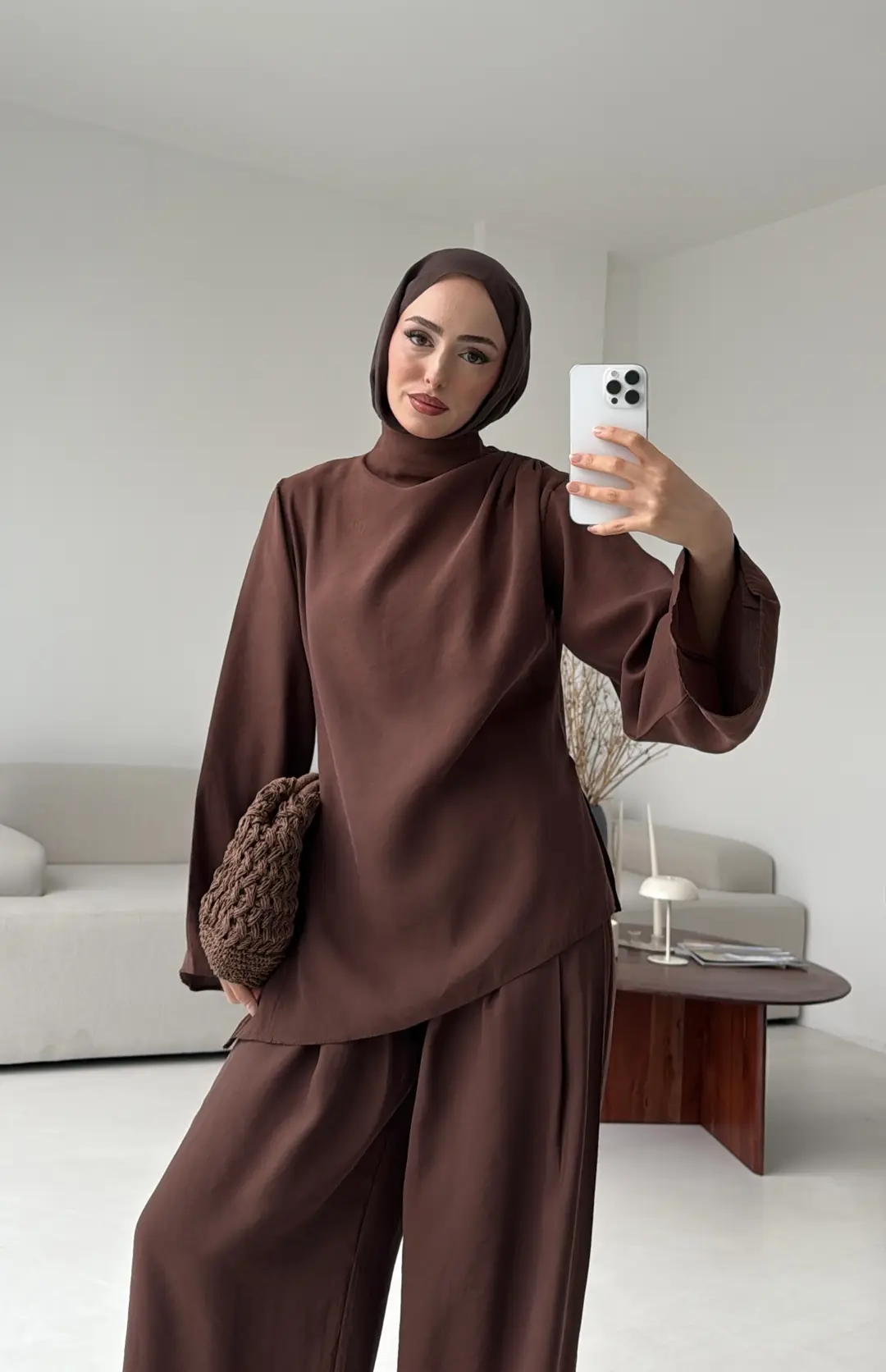 Drape Yaka Asimetrik Kesim Takım Kahve