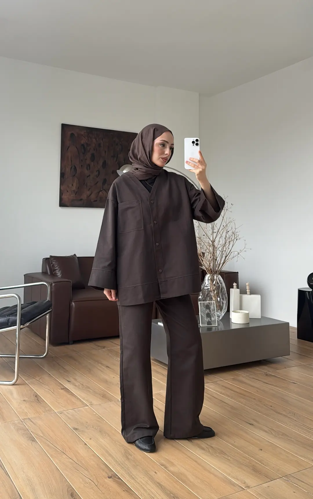 Çıtçıtlı Gabardin Takım Kahve