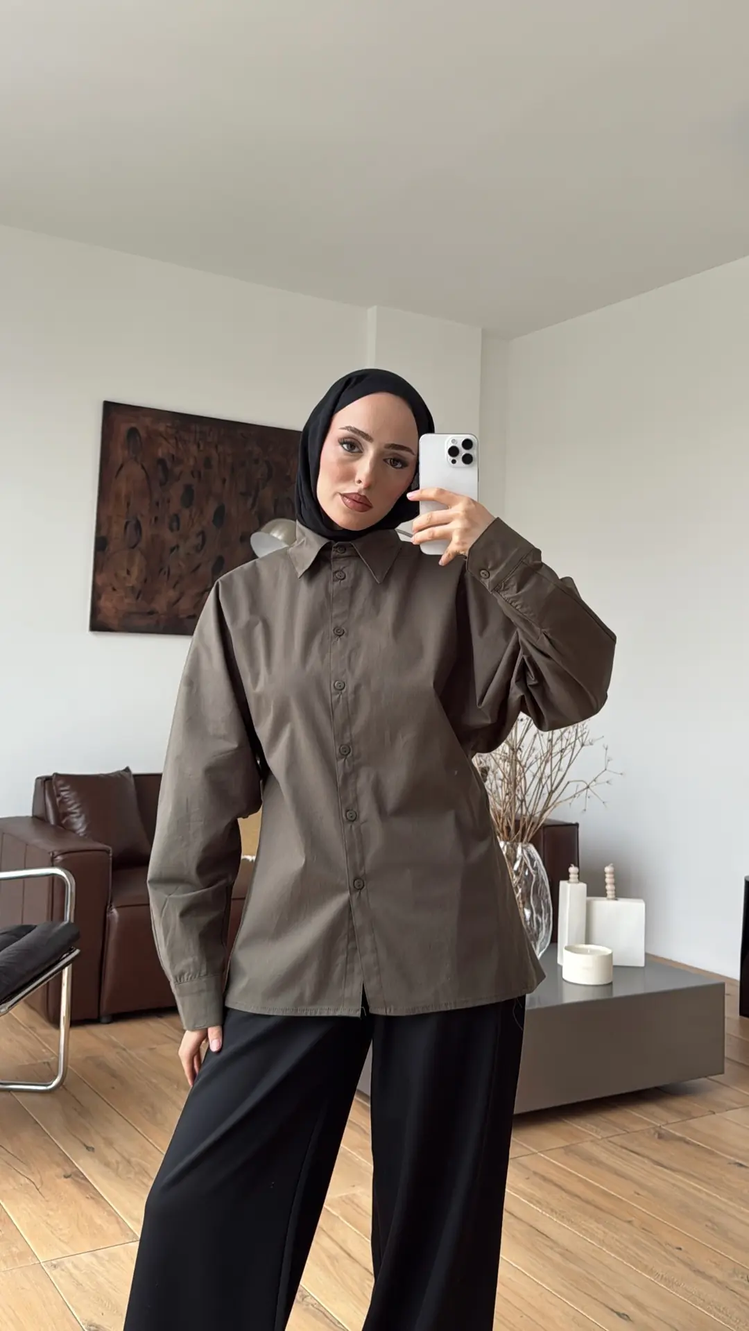 Likralı Reglan Kol Gömlek Haki
