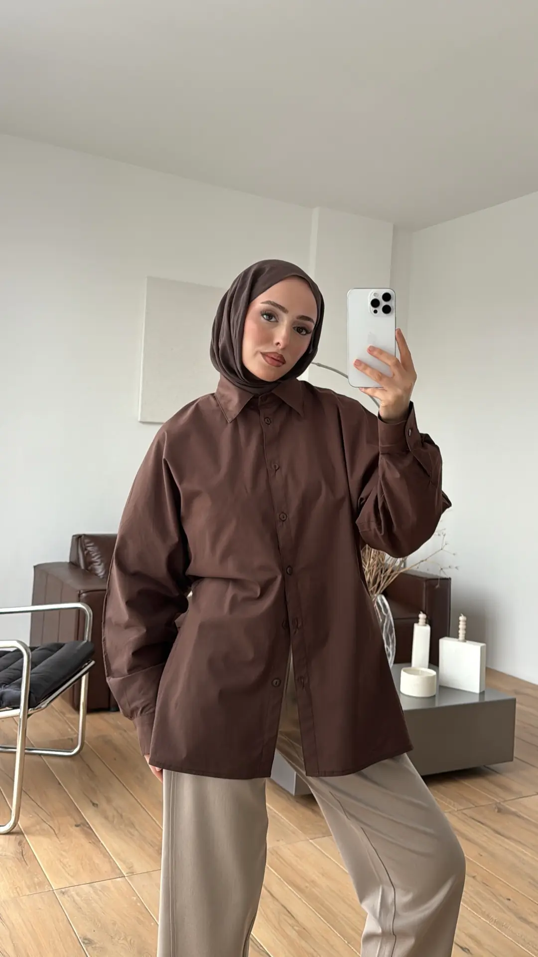 Likralı Reglan Kol Gömlek Kahve