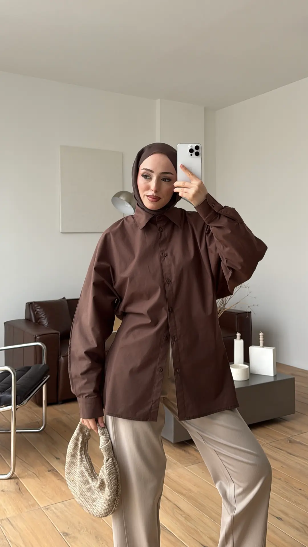 Likralı Reglan Kol Gömlek Kahve