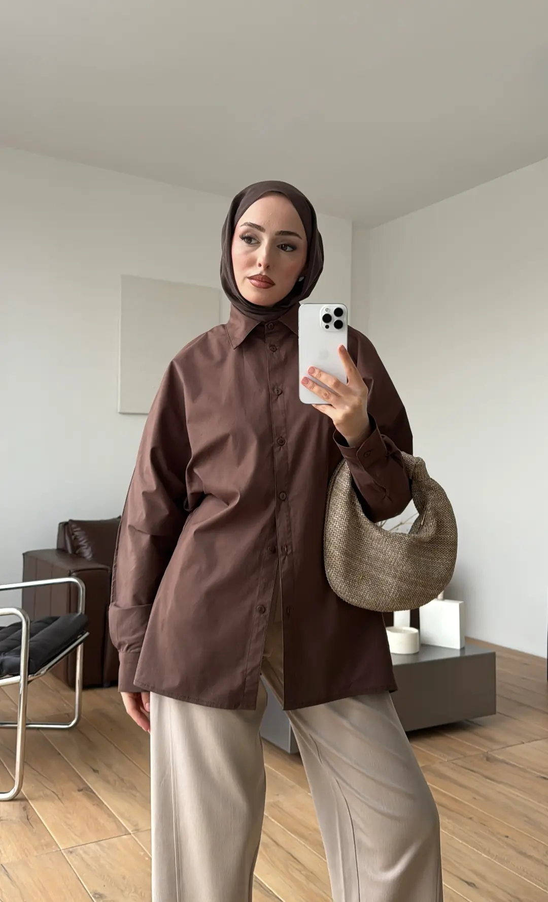 Likralı Reglan Kol Gömlek Kahve