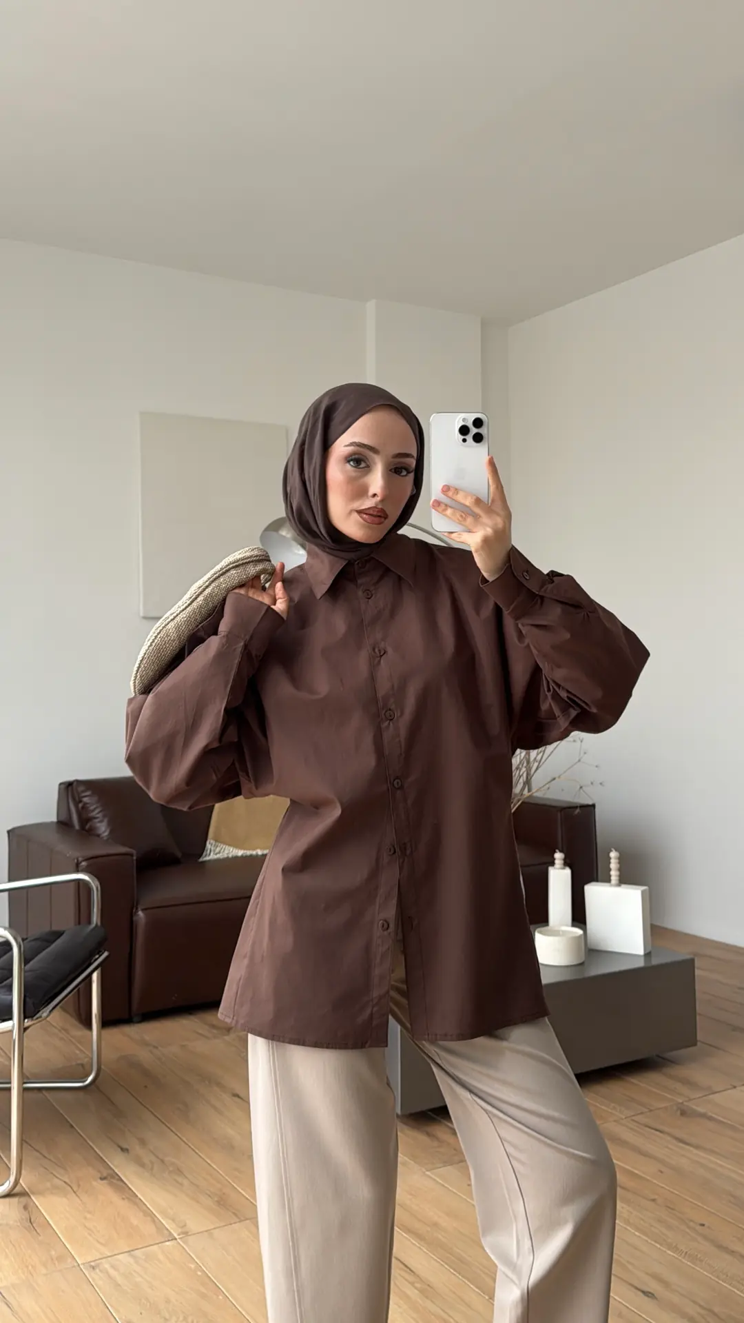 Likralı Reglan Kol Gömlek Kahve