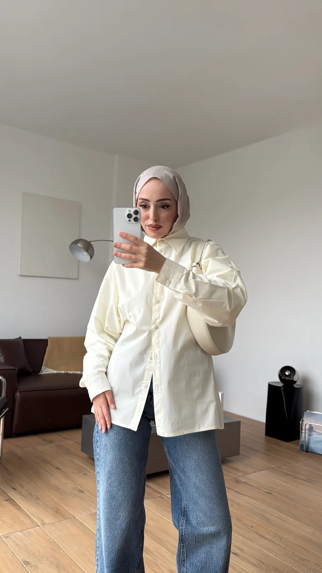 Likralı Reglan Kol Gömlek Krem
