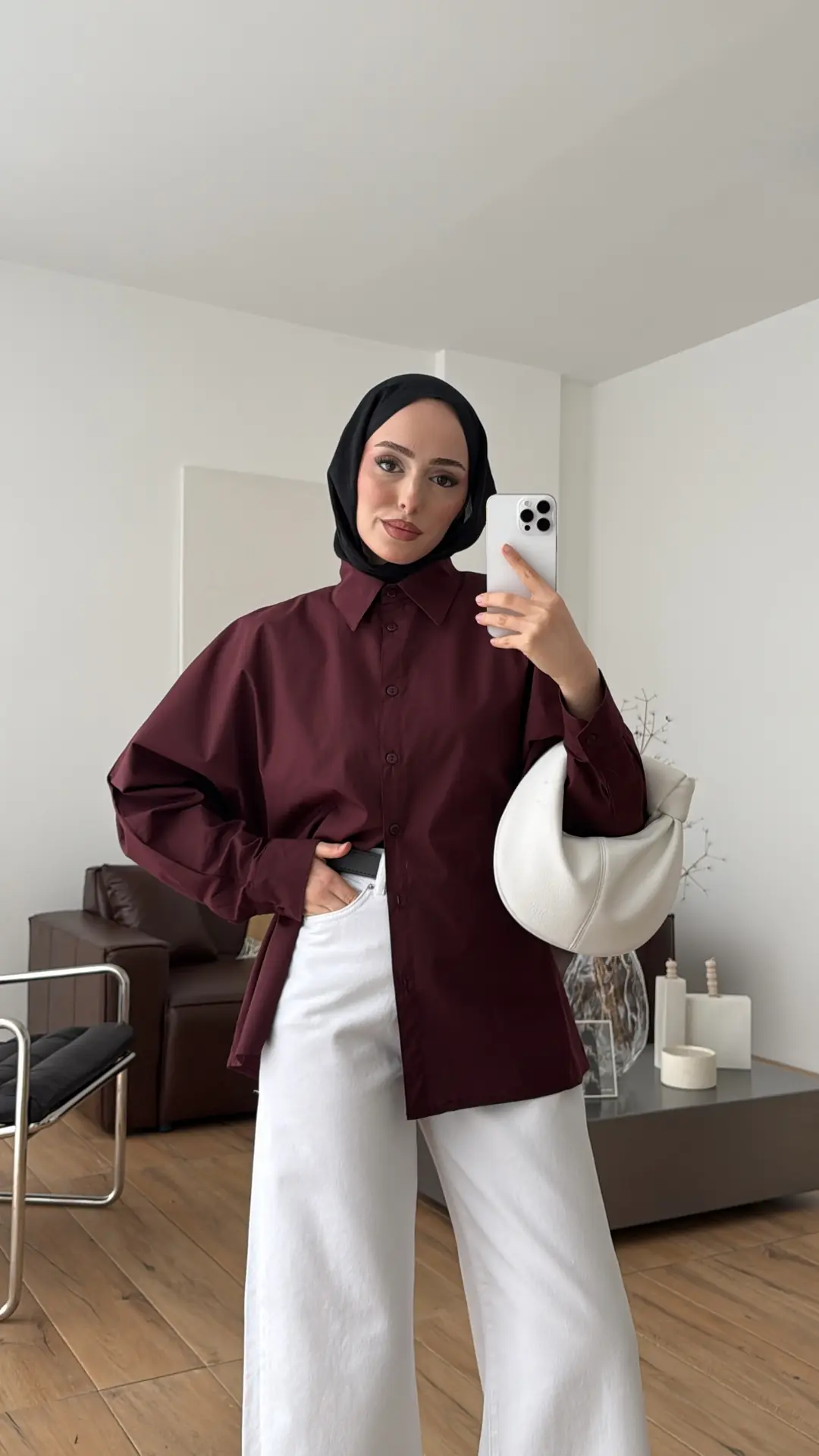 Likralı Reglan Kol Gömlek Bordo
