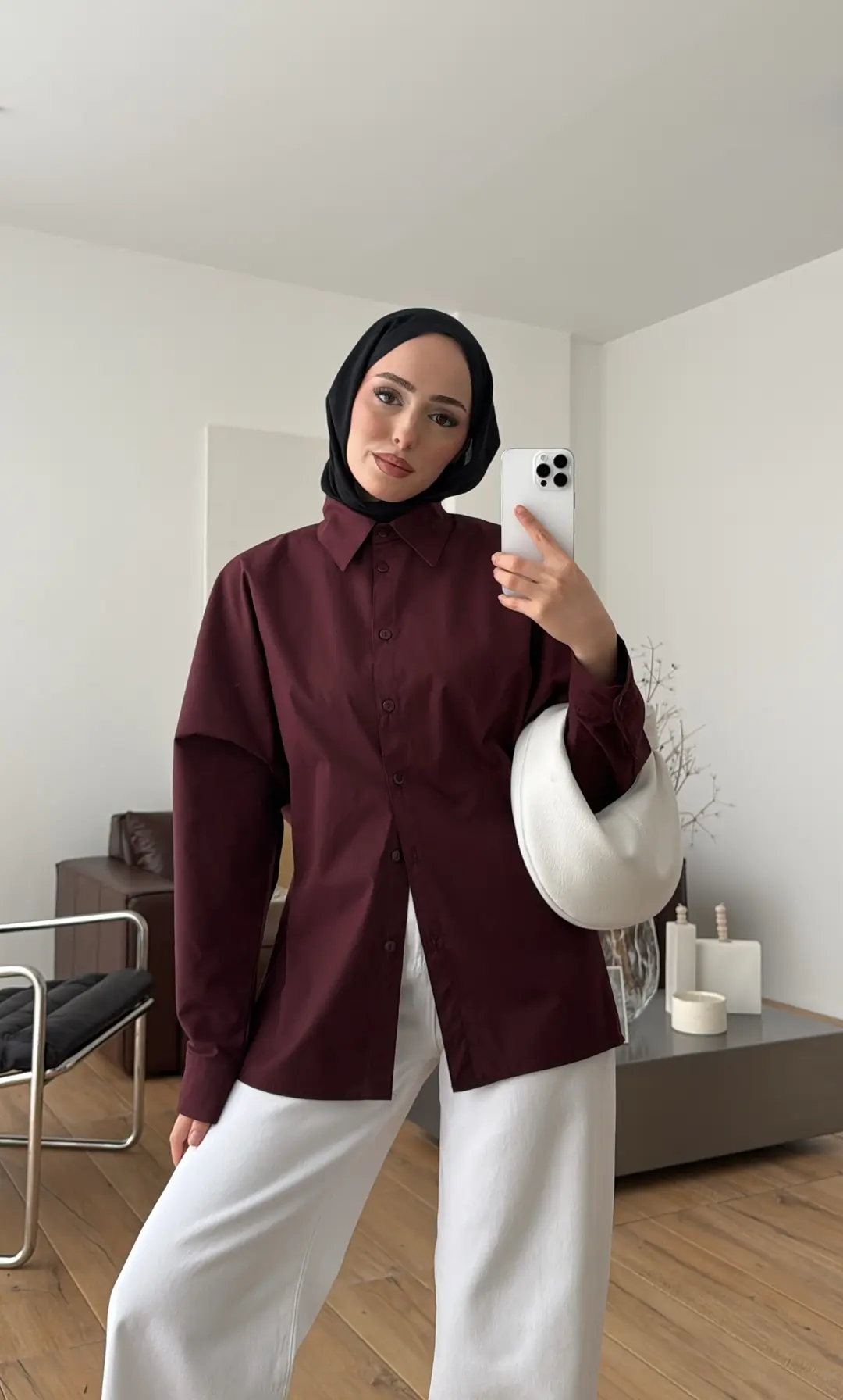 Likralı Reglan Kol Gömlek Bordo