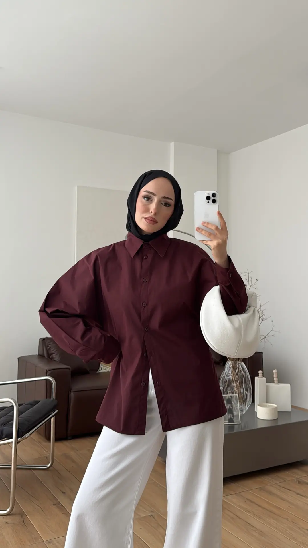 Likralı Reglan Kol Gömlek Bordo
