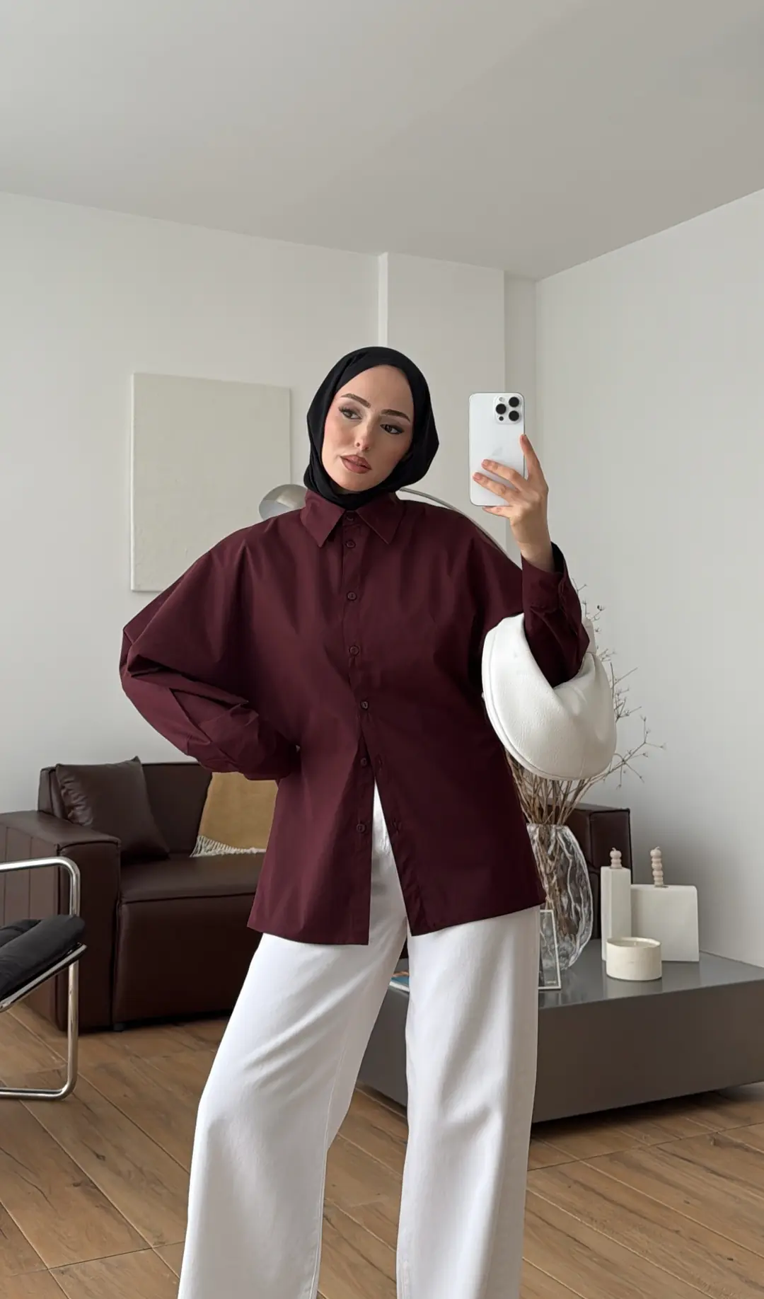 Likralı Reglan Kol Gömlek Bordo
