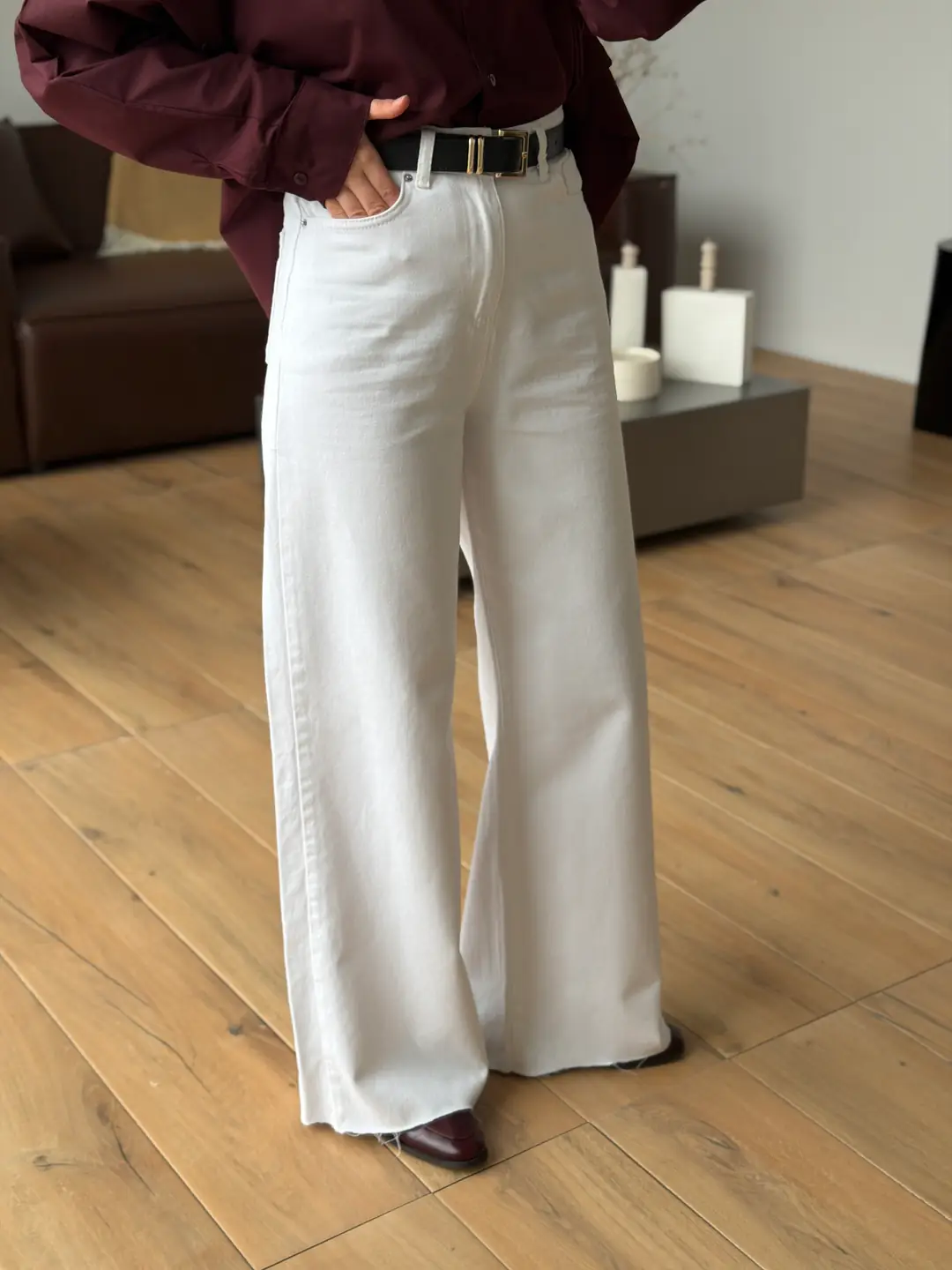 Kemerli Wide Leg Beyaz Jean