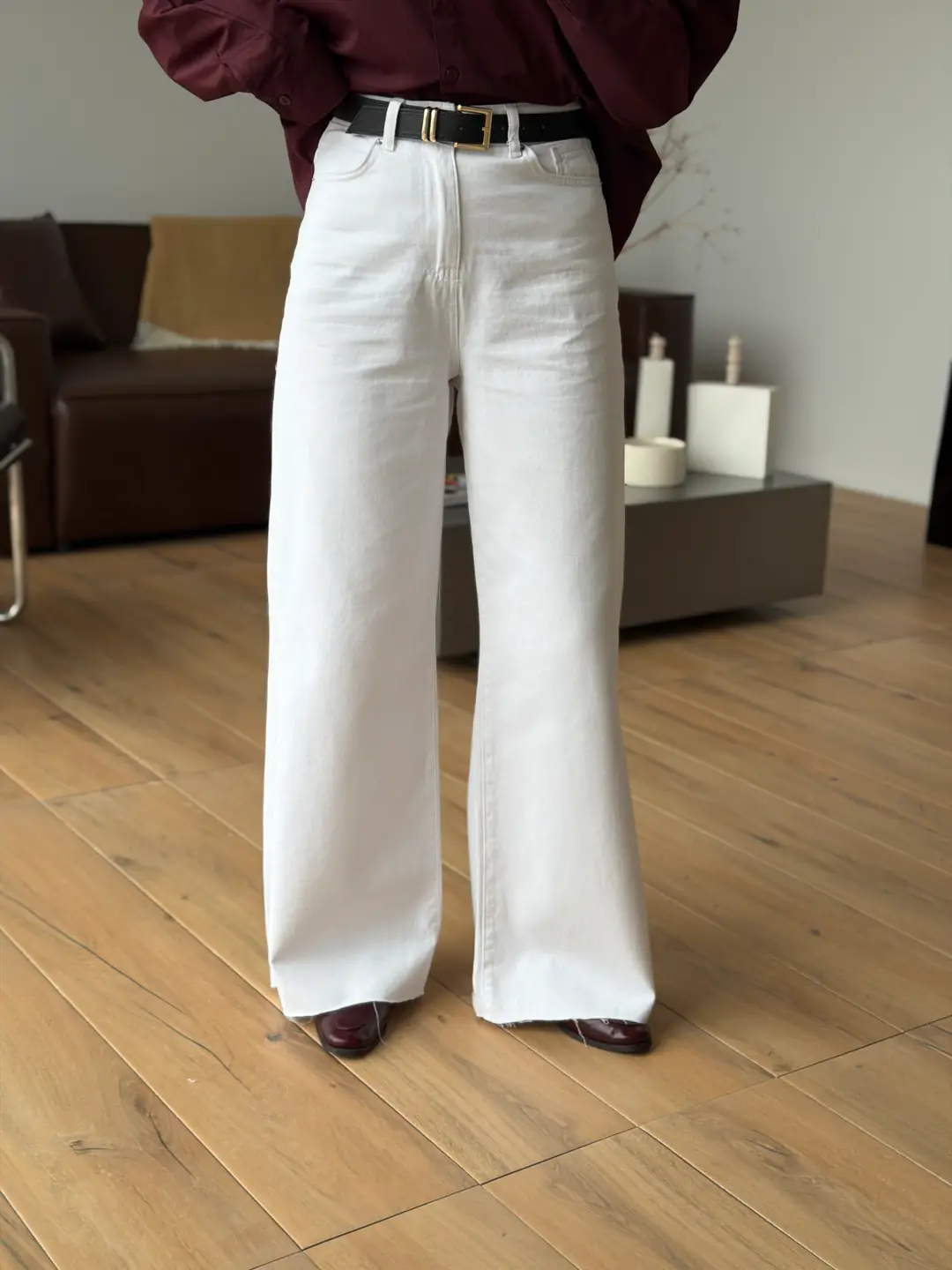 Kemerli Wide Leg Beyaz Jean