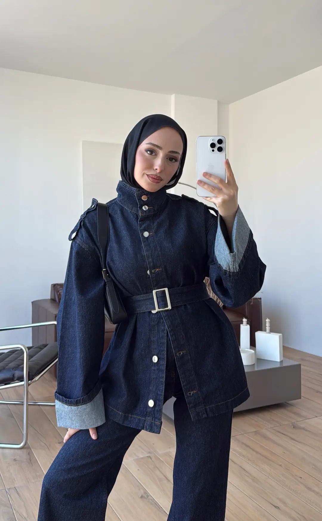 Kemerli Lacivert Denim Takım